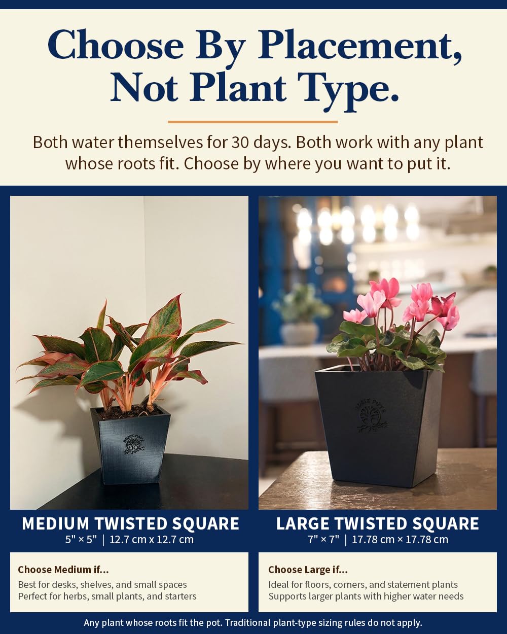 POSIE3DPRINTS Posie Pot Medium Twisted Square - Self Watering Planter 5x5 Inch - Indoor Plant Pot with 30 Day Reservoir - 3D Printed Bioplastic - No Guilt Plant Care - Made in USA, Black