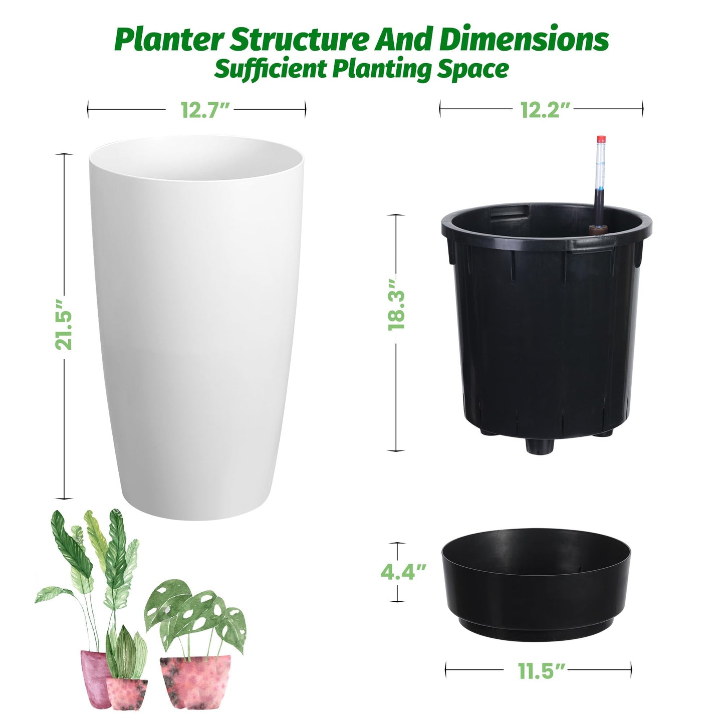 22" Tall Planter Set of 2, Self Watering Pots, Large Planter for Indoor Outdoor Plants, Built-in Drainage and a Water Level Monitor, Tall Planters for Patio, Porch, Living Room, Home Office, White