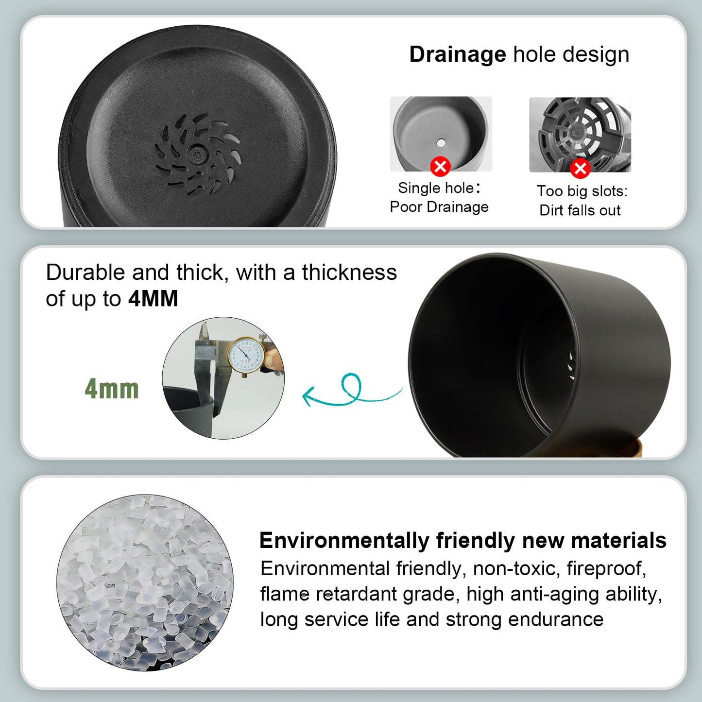 WSMKSZ 5 Pack Cylindrical Flower Pots with 7/6.5/6/5/4 inch, Modern Small Plastic Plant Pots with Drainage Holes & Saucers, Round Planter Pots for Outdoor, Indoor & Office Decor (Black Brown)