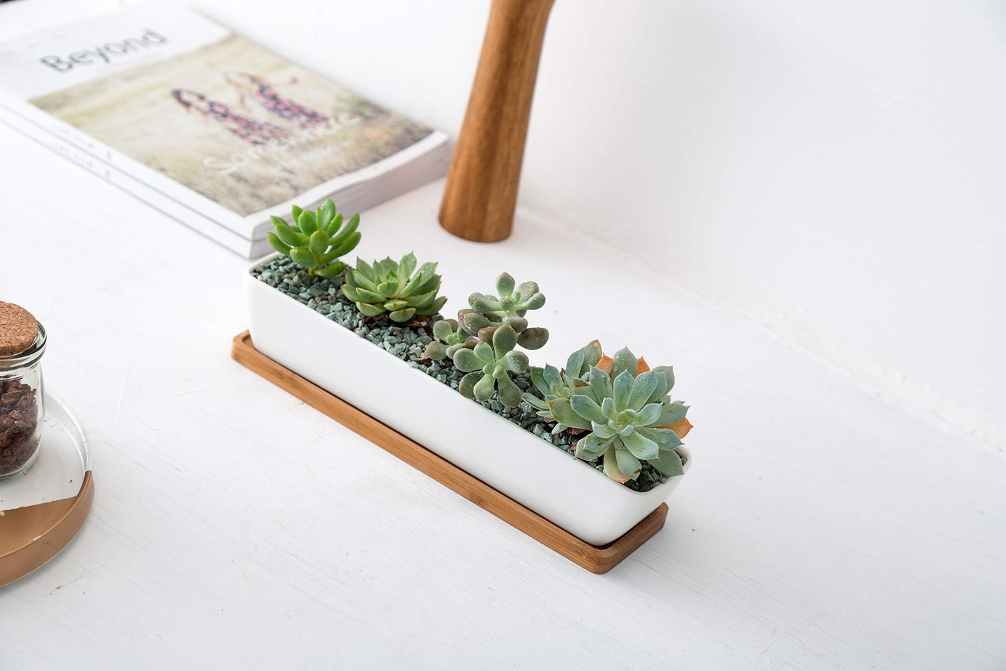 SeaStar White Rectangular Long Succulent Planter Pot,11x2.16x1.75inch Modern Minimalist Ceramic Succulent Planter Pot with Saucer for Office,Desk,Window.