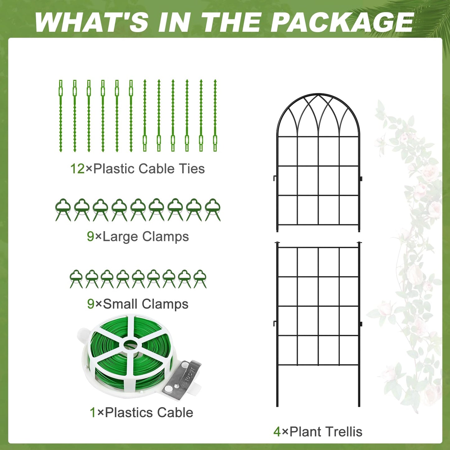 DoCred 4 Pack Garden Trellis for Climbing Plants, 59 Inch Metal Plant Trellis for Plant Support, Large Decorative Outdoor Trellis for Climbing Vegetable Flower Rose Vine Cucumber, Black