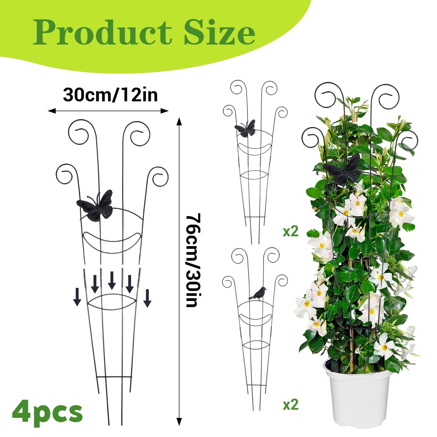 4 Pack 30 Inch Taller Plant Trellis for Potted Climbing Plants Indoor, Black Metal Garden Trellis with Butterfly & Bird Designs - Sturdy Expandable Plant Support for Ivy, Pothos, Monstera