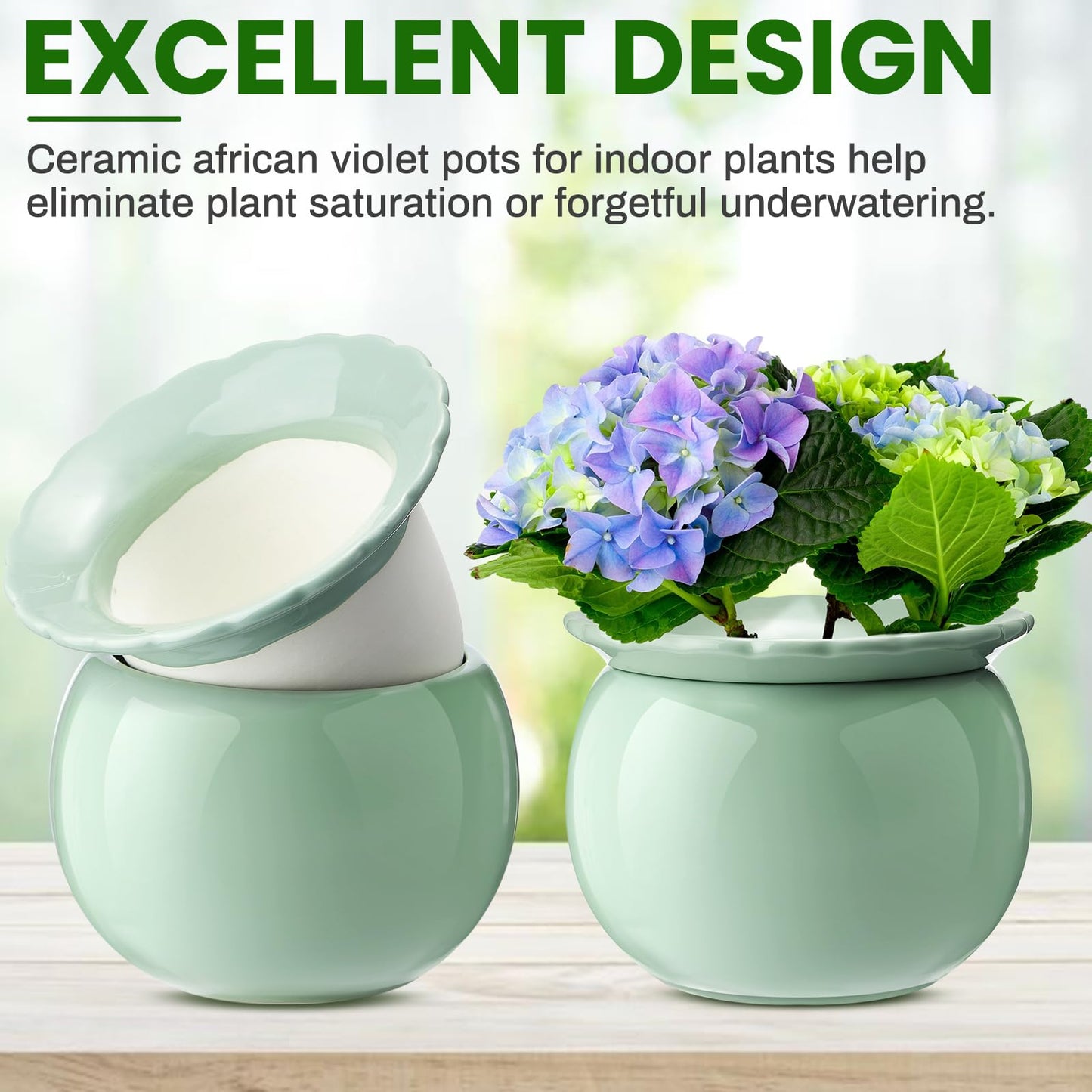Suclain 2 Pcs African Violet Pots, 6.5 Inch Self Watering Pots for Indoor Flowers and Plants Ceramic Easy Self Watering Plant Pot with Highly Absorbent Inner Planter Pot for Tropical Plants(Green)