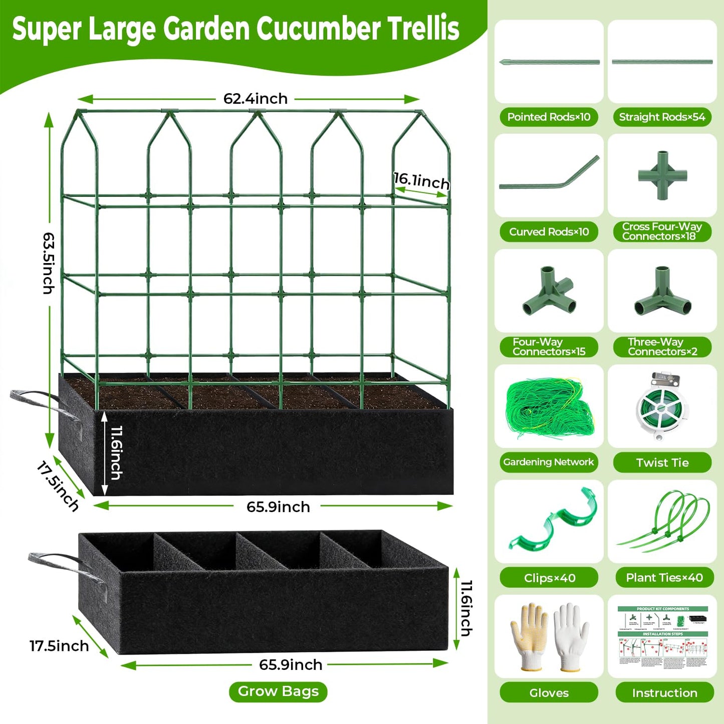 Large Cucumber Trellis for Climbing Plants Outdoor with Grow Bag,67" Tall Metal U-Frame Plant Trellis for Cucumber with Garden Netting and Plant Clip Plant Ties for Vegetables Tomatoes Squash Pea