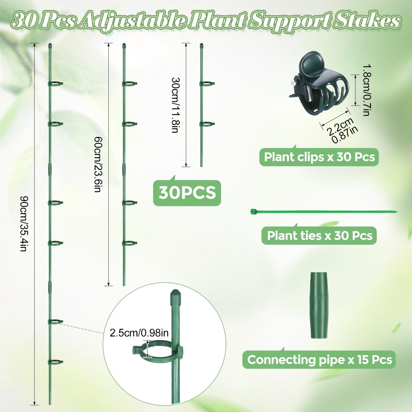 Hoemwarm 30 Pcs Adjustable Plant Sticks, 12 in Plant Support Sticks Plant Support Stakes with Orchid Clips Garden Ties Plant Support Cage for Potted Plants Indoor Orchid Flower Tomato, Green