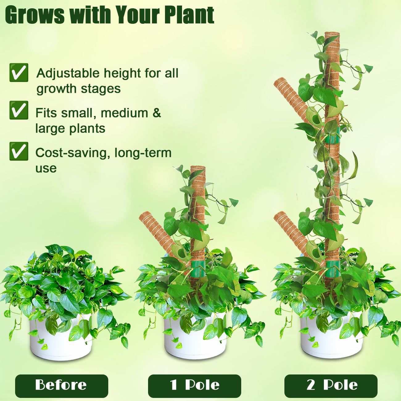 Moss Pole for Monstera Plant Support, 3 Pack 15.7'' Stackable Moss Poles for Climbing Plants, Indoor Garden Coco Coir Poles for Monstera Deliciosa, Pothos, Philodendron (15.7In x 3Pack)