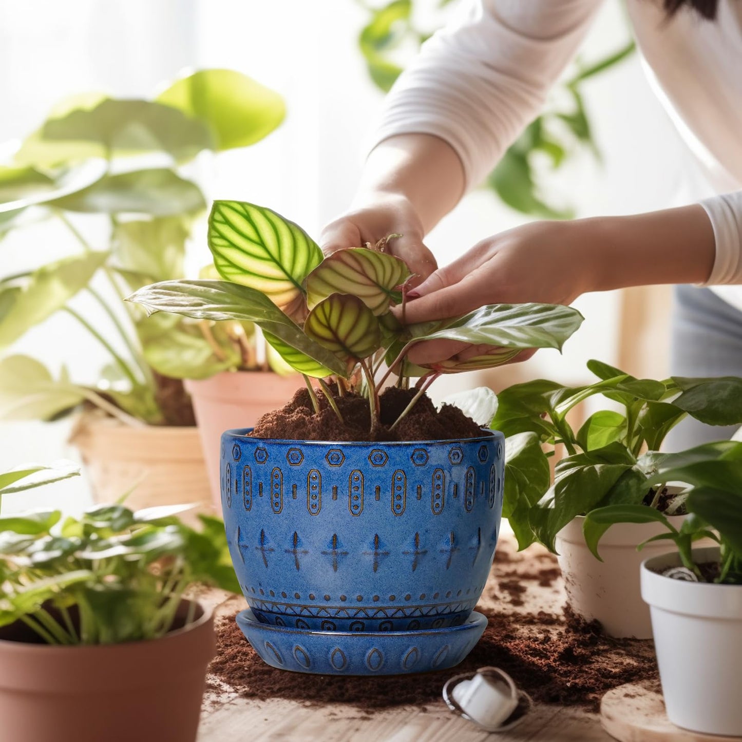 G EPGardening Plant Pot 5 Inch - Ceramic Planter for Indoor Plants Outdoor, Succulent Orchid Pot with Drainage Hole and Saucer, Round Flower Pot for Home Decor, Blue