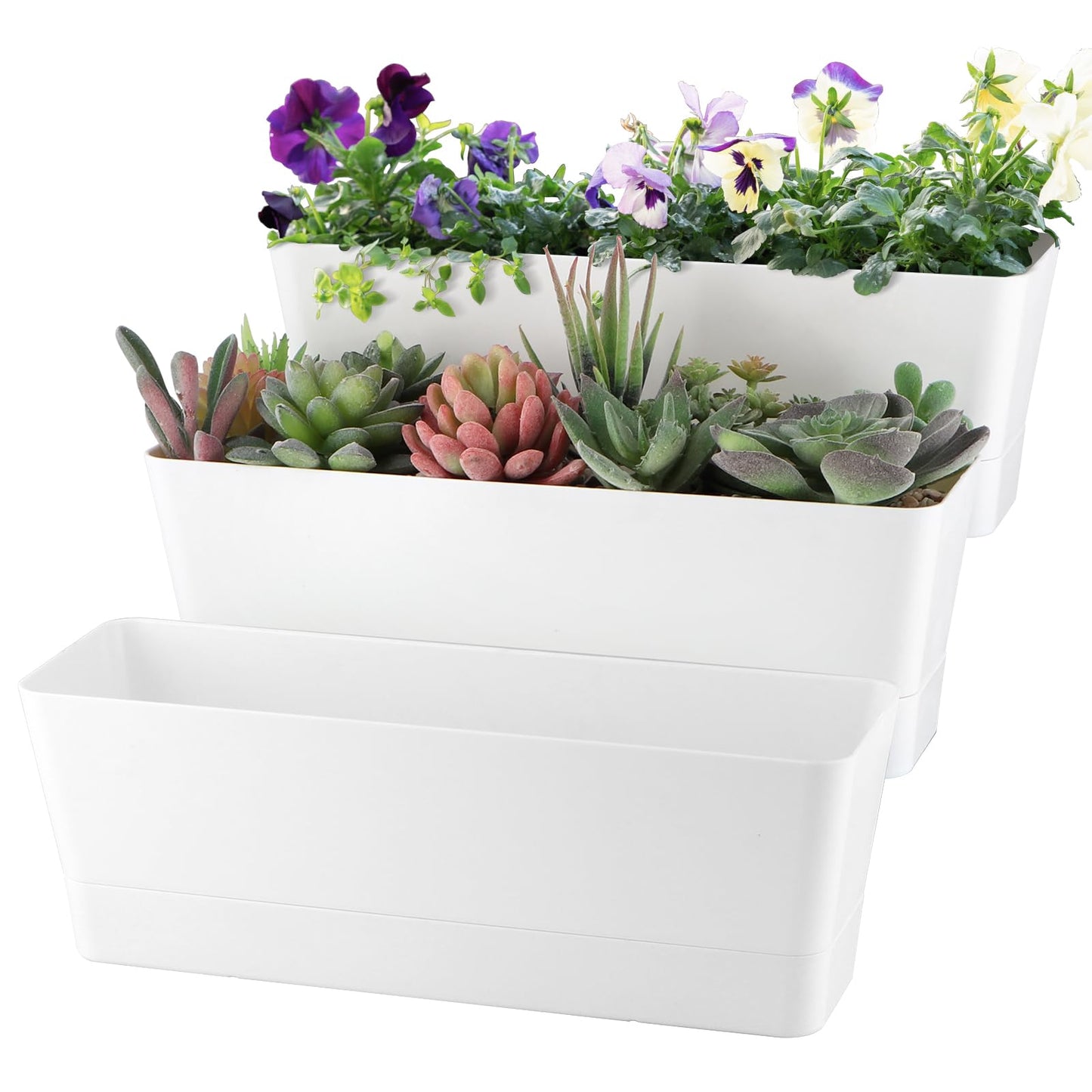 Sanbege Window Box Planter with Tray, 12" Rectangle Plant Pot, Pack of 3 (White)