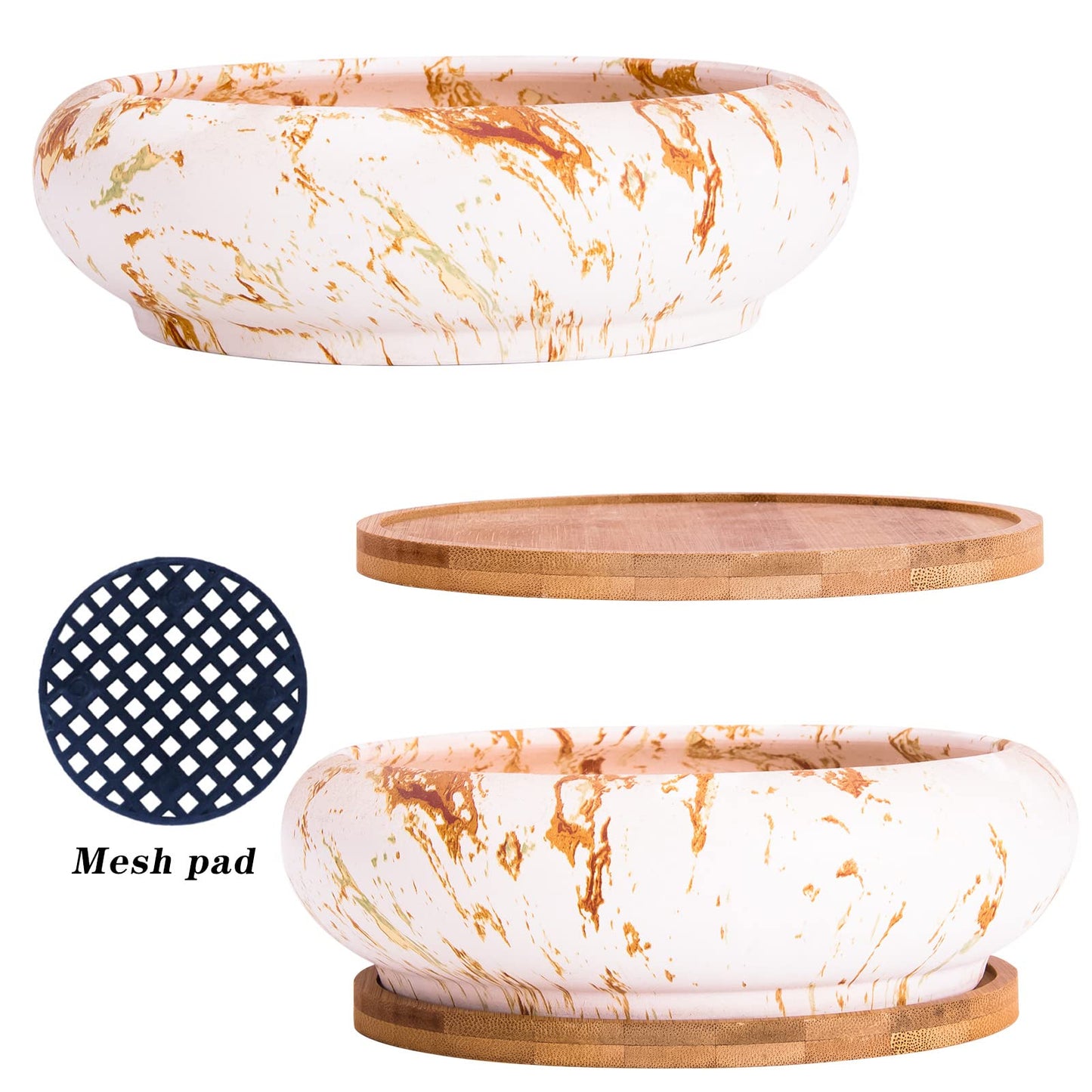 ARTKETTY Succulent Pots - 7.3 Inch Large Bonsai Pots with Drainage Tray, Ceramic Pots for Indoor Plants, Shallow Succulent Planters Marble Cactus Flower Plant Container Bowl