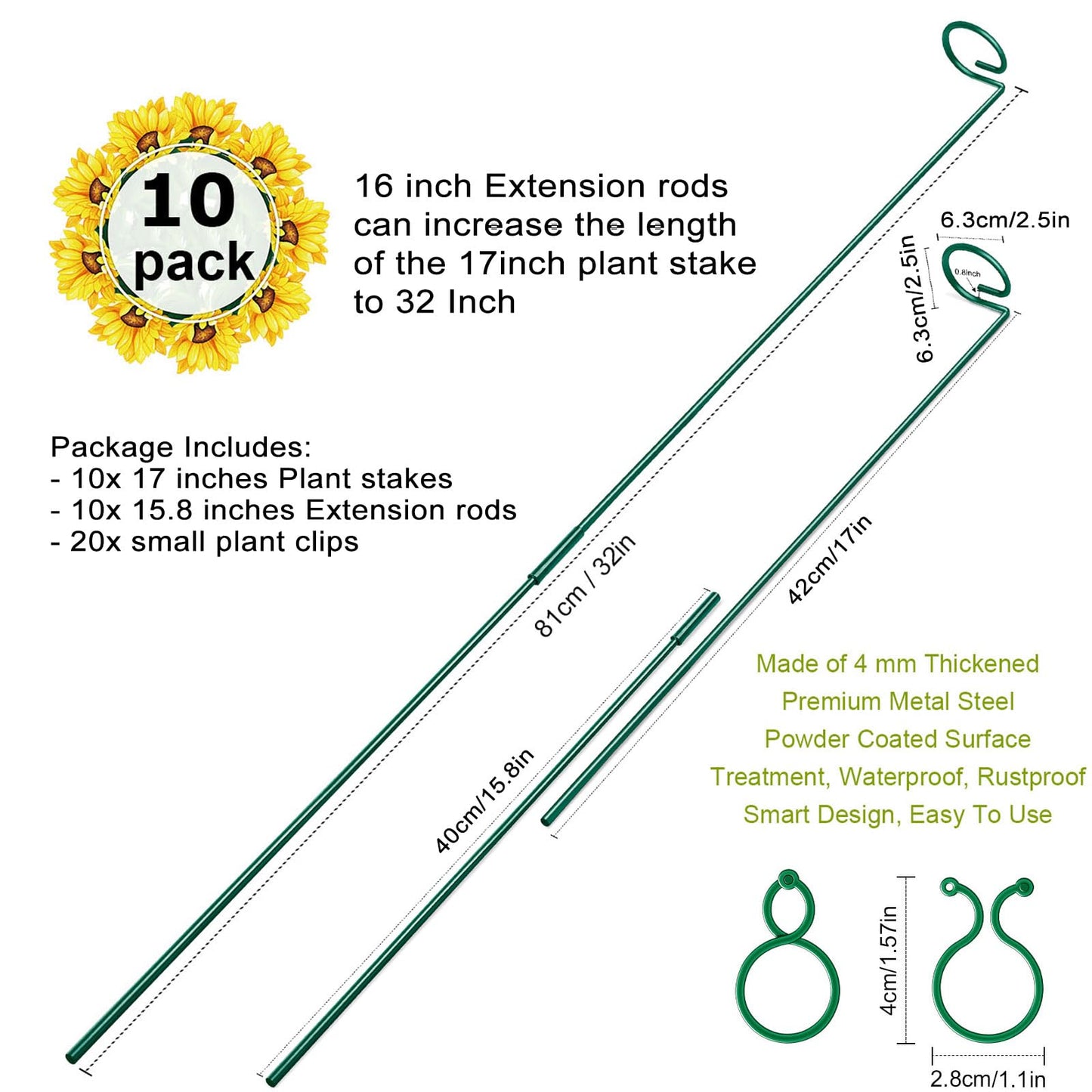 10 Pack Height Adjustable Plant Support Stakes (17" or 32" Inches), Metal Plant Stakes for Indoor Outdoor Plants, Tall Plant Stick Support Ring Cages for Garden Flower Amaryllis Orchid Gladiolus