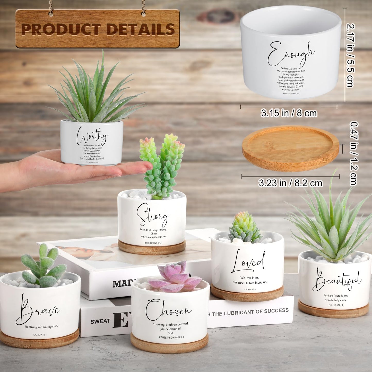 Fumete 24 Set Christian Religious Gifts Bulk Bible Verse Succulent Pots with Tray Drainage, 12 Scripture Quote, 3 x 2 in Mini Ceramic Flower Planter for Mothers Fathers Day Church Gift (Affirmation)