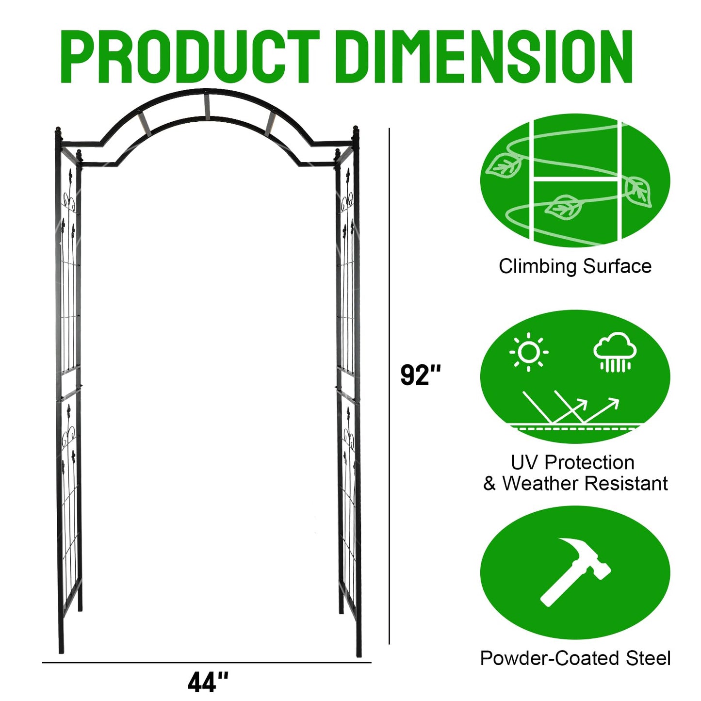 Metal Wide Garden Arch Trellis for Climbing Plants Roses Vines, 44" W x 92" H Wide Garden Archway Arbor Trellis for Lawn Wedding and Bridal Party Decoration