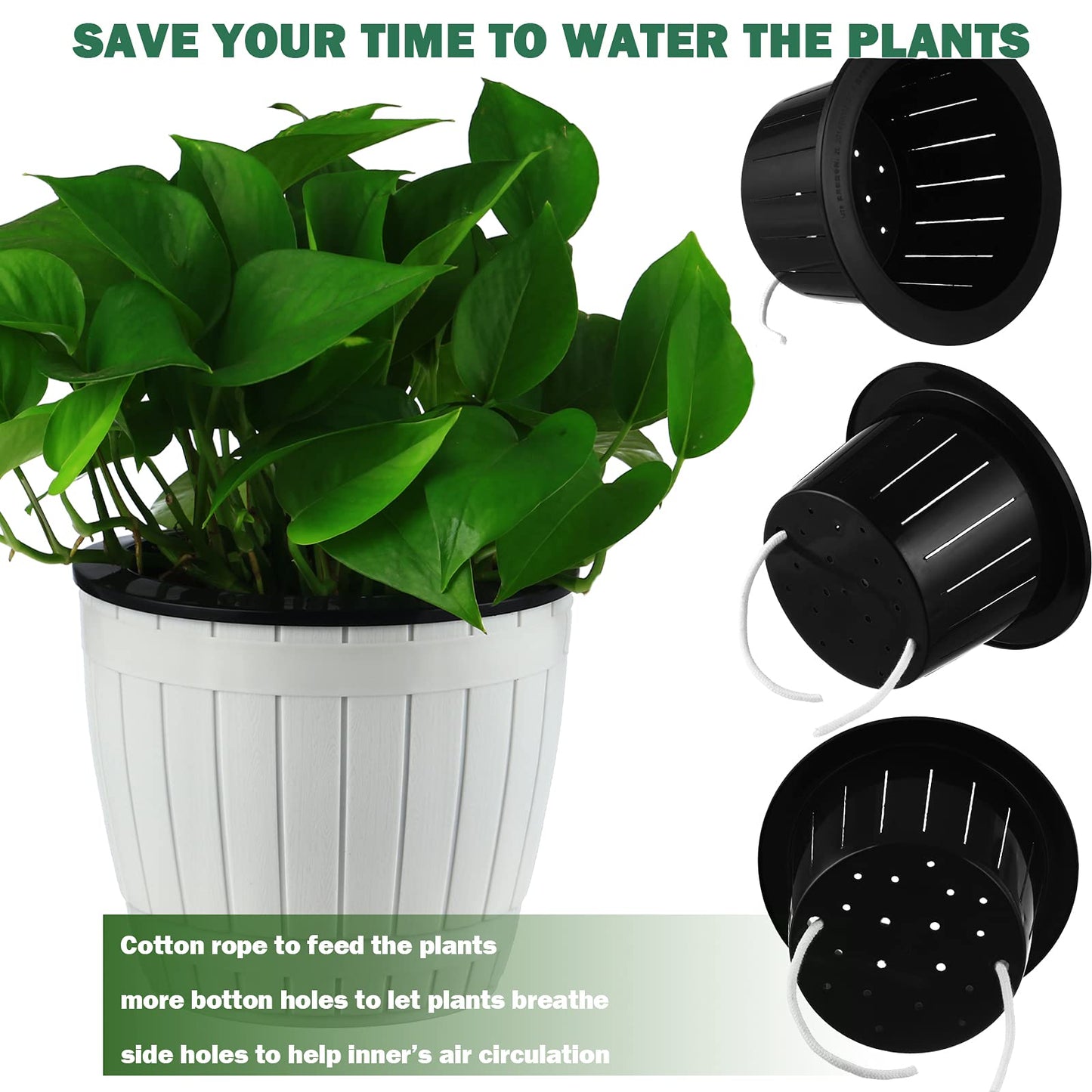 Planterhoma 3 Pack Self Watering Pots for Indoor Plants, 7.1 Inch Plastic Plant Pots, White
