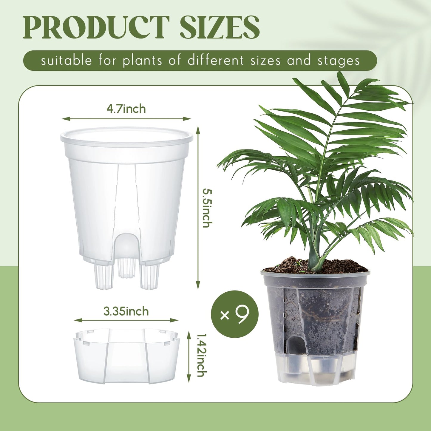 Wonderjune Self Watering Pots for Indoor Plants with Deep Reservoir and High Drainage Holes for Outdoor Plants and Flowers, Bare Root Planter(4.72'',Clear,9 Pcs)