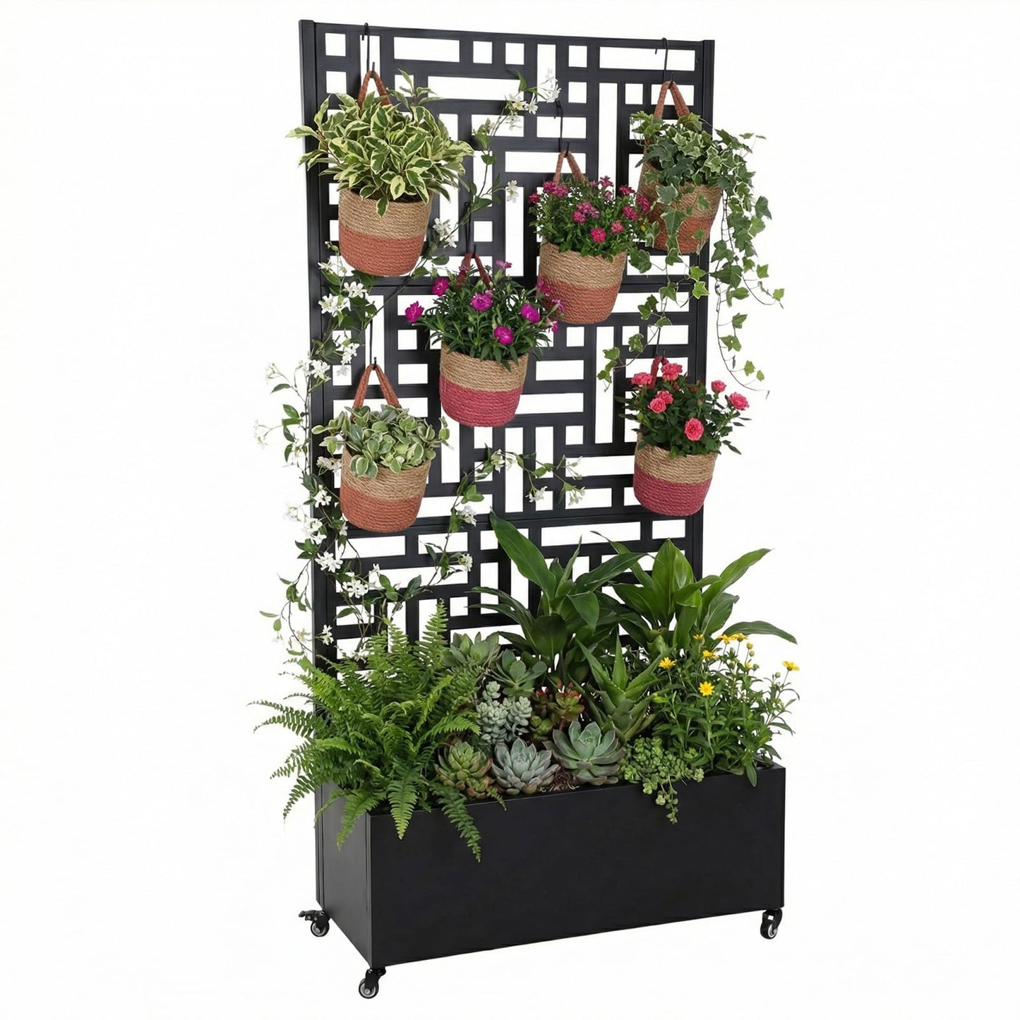 AZURAOKEY Metal Planter Box with Trellis Standing Planter Box for Climbing Plants/Vines Raised Garden Bed On Wheels 70.87x35.43x15.75 Inch (02)