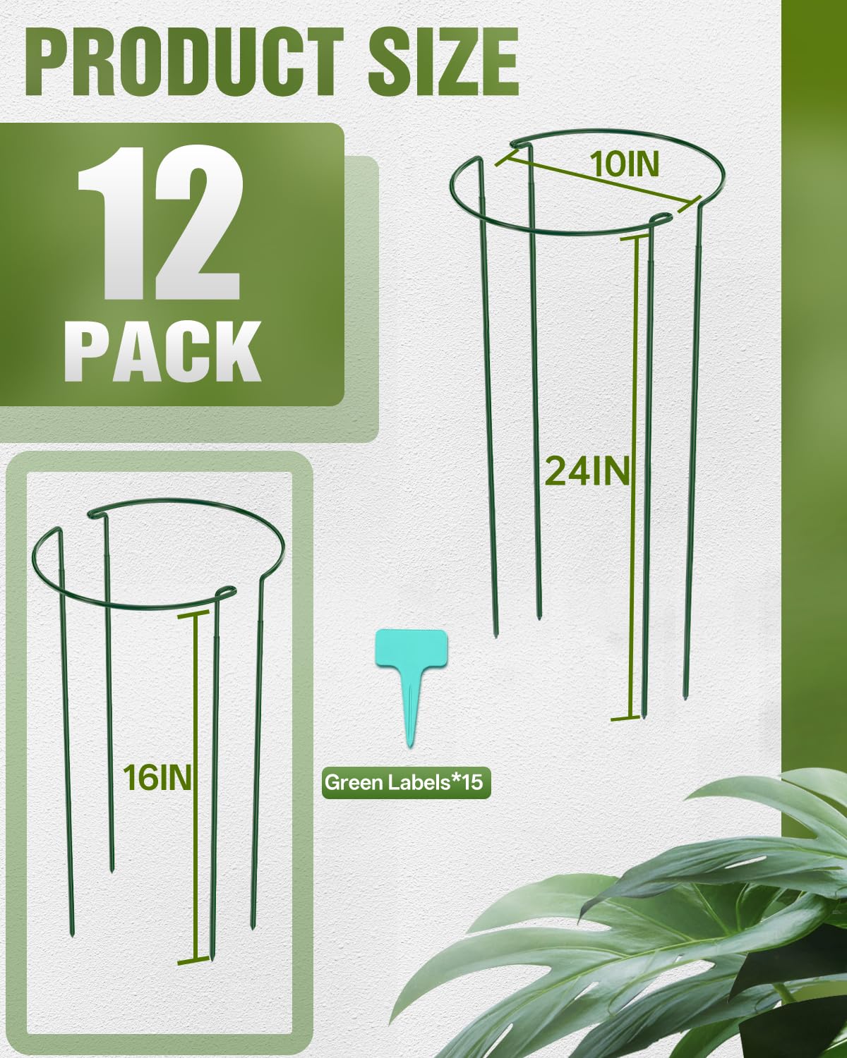 Joyhalo 12 Pack Plant Support Stakes, 24 Inch Plant Stakes for Outdoor Plants, Peony Cage with 15 Pcs Green Lables, Peony Cages and Supports, Peonies Support Cages Flower Stakes for Plants