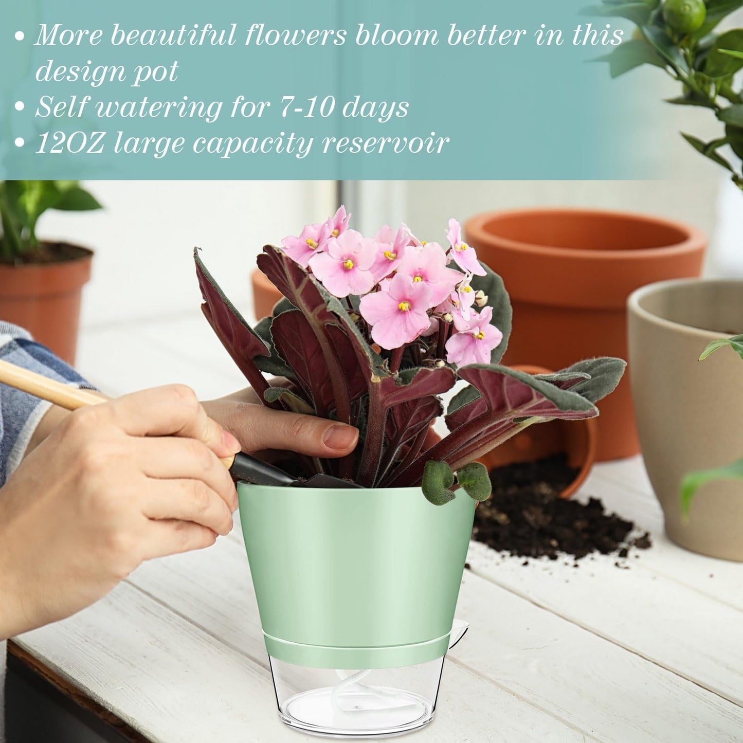 Funnymoom 12 Pack 6 Inch Self Watering Plant Pots Self Watering Planters with with Visual Reservoir and Drainage Hole Plastic Flower Pots for Indoor Plants African Violets Flowers