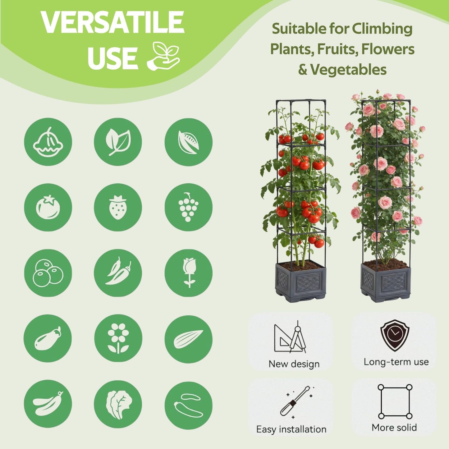 Jesosia Tomato Planter Box with Trellis - Self-Watering Rolling Raised Garden Bed with Tomato Cages for Climbing Plants - Tomato Pots with Cage Plant Support for Flower Vegetable Vine Indoor Outdoor