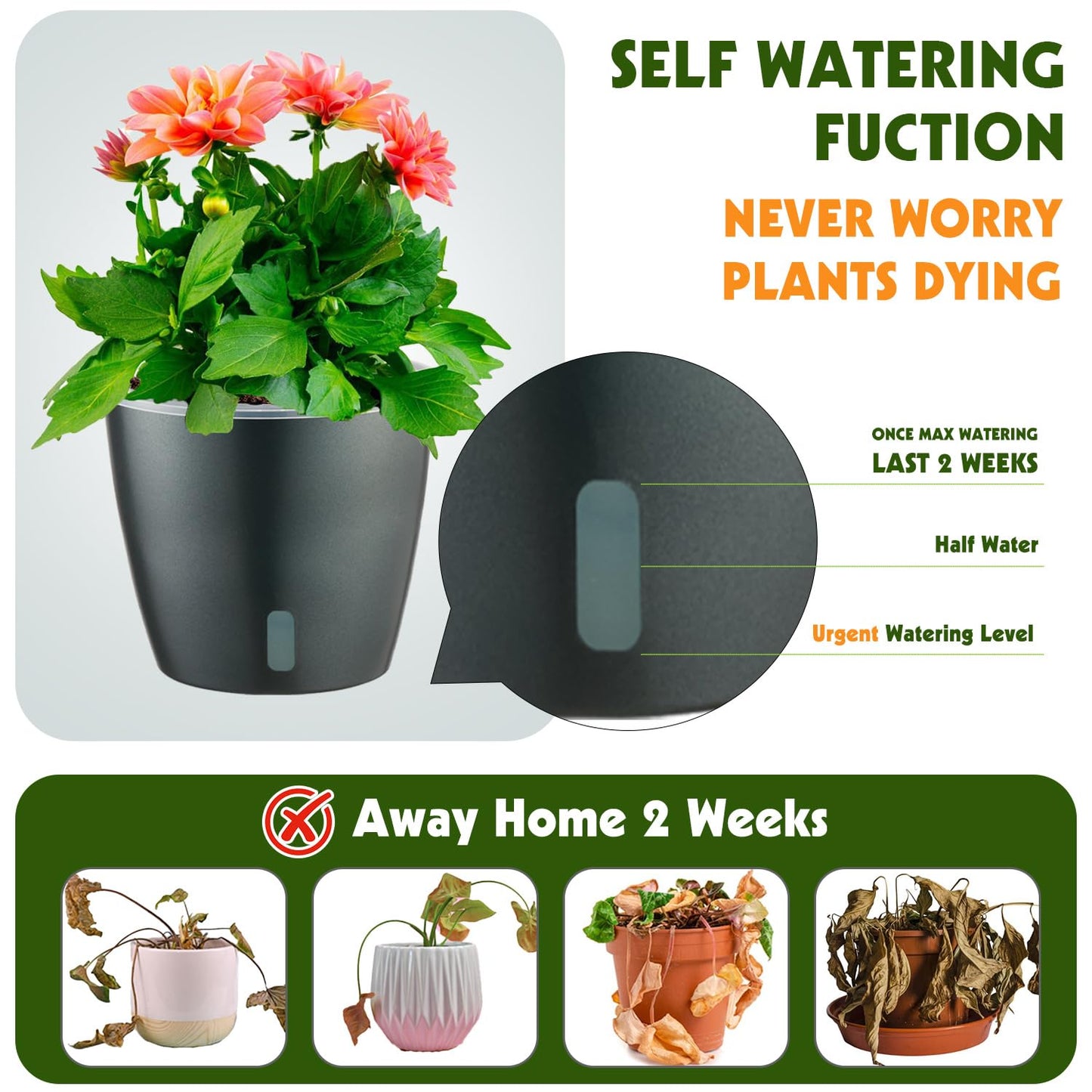 KvyusFlourish Self Watering Pots for Indoor Plants, 6-Pack 5'' Self Watering Planter with Drainage Holes, Small African Violet Pots with Water Indicator, Clear Wick Orchid Pot, Grey