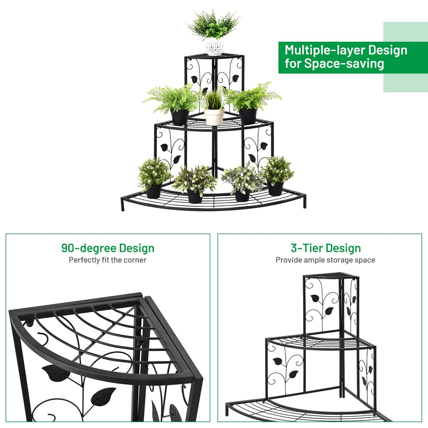 Giantex 3 Tiers Corner Shelf Metal Plant Stand, Stair-Step Style Flower Pot Display, Ladder Plant Display Rack, Quarter Round Plant Shelf for Indoor Outdoor Use