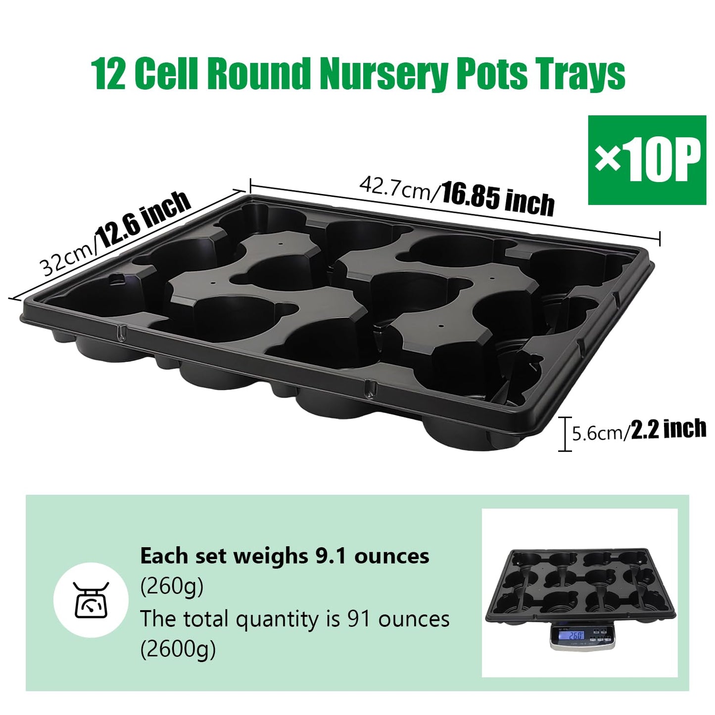 RooTrimmer 12 Cell Round Nursery Pots Trays Thickened Durable Seedling Pots Shuttle Carrying Trays for Holding 4 inch Nursery Pots (16.85" × 12.6", 10-Pack)