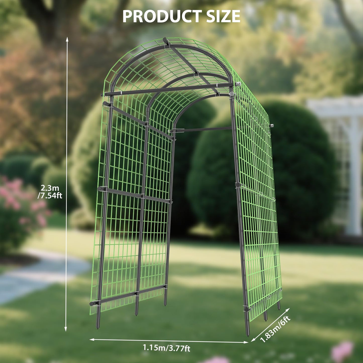 GarveeLife 7.5FT Metal Garden Arch Trellis with Netting, Adjustable 35"–45" Arbor for Climbing Plants, Roses, Grapes & Vegetables, Weatherproof Steel Pergola with Ground Clips, Easy Fold-Out Assembly