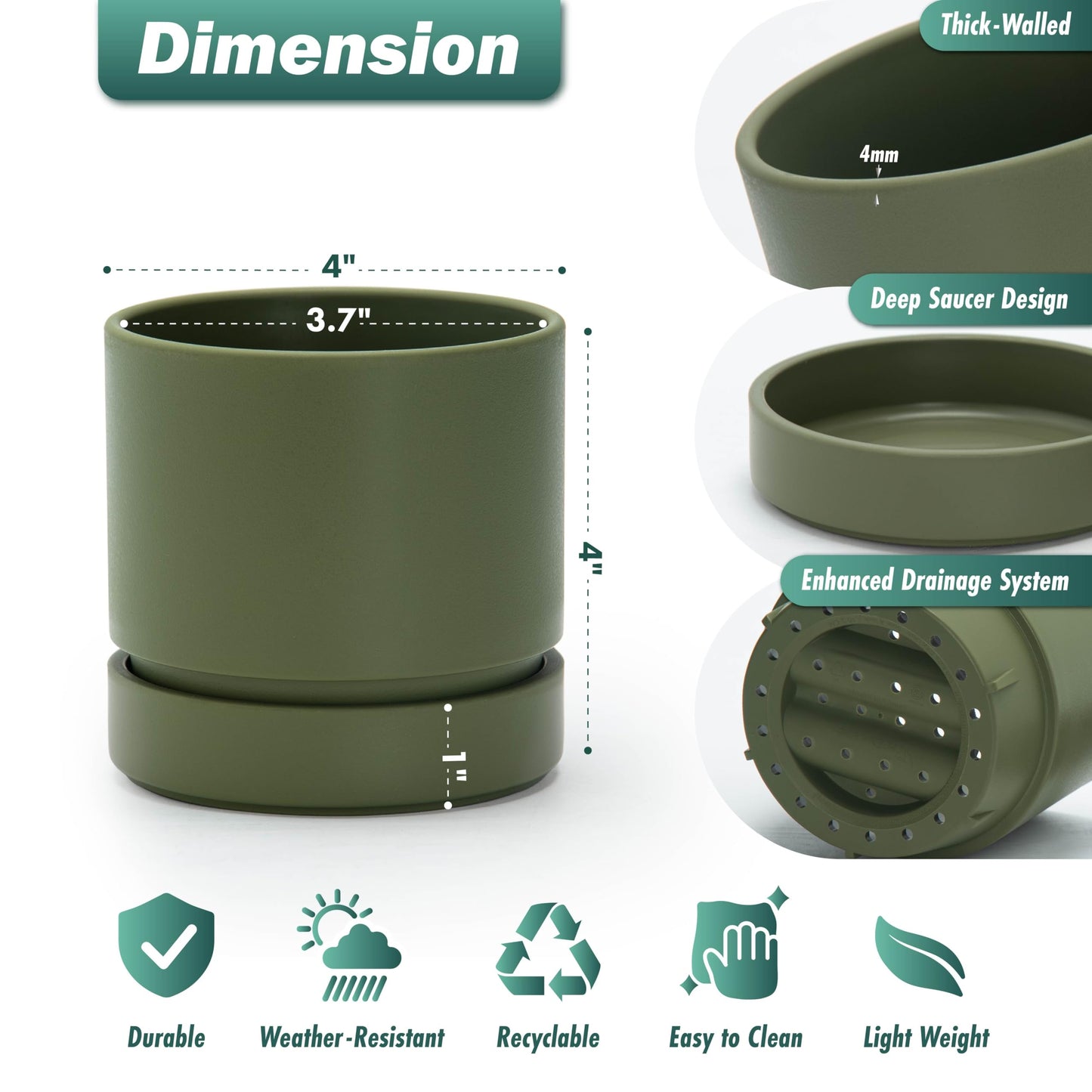 Phoenix Vine 4 Inch Planter Pot with Drainage Hole & Saucer, Deep Water Catch Tray, Straight Cylindrical Round Pot for Plants, Olive, Pack of 6, 23-D-R-6