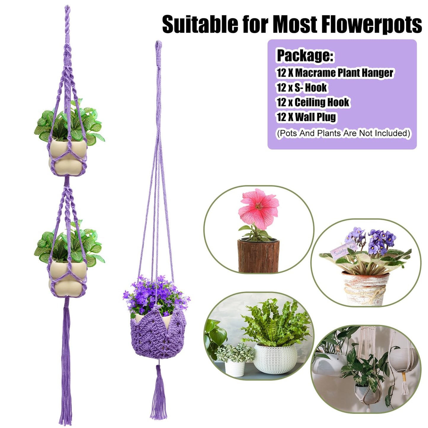 Hoteam 12 Pcs Macrame Plant Hangers Macrame Hanging Planters for Indoor Plants Handmade Boho Hanging Baskets Flower Pots Holder for Outdoor Home Wall Decor (Purple)