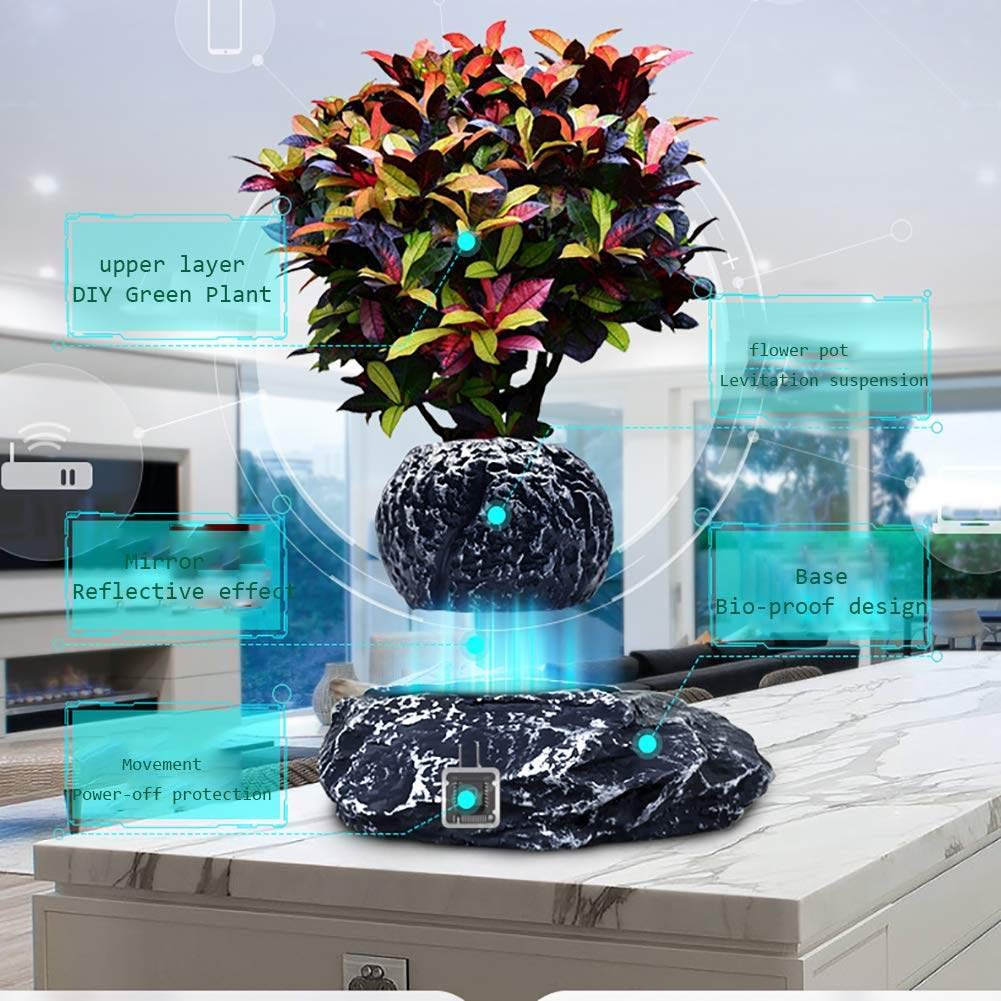 ZHHID Floating Flower Pot - Magnetic Suspension Levitating Air Flower Pots - Creative Design Levitation Bonsai - Home Office Decorations - Fun Gift,Black