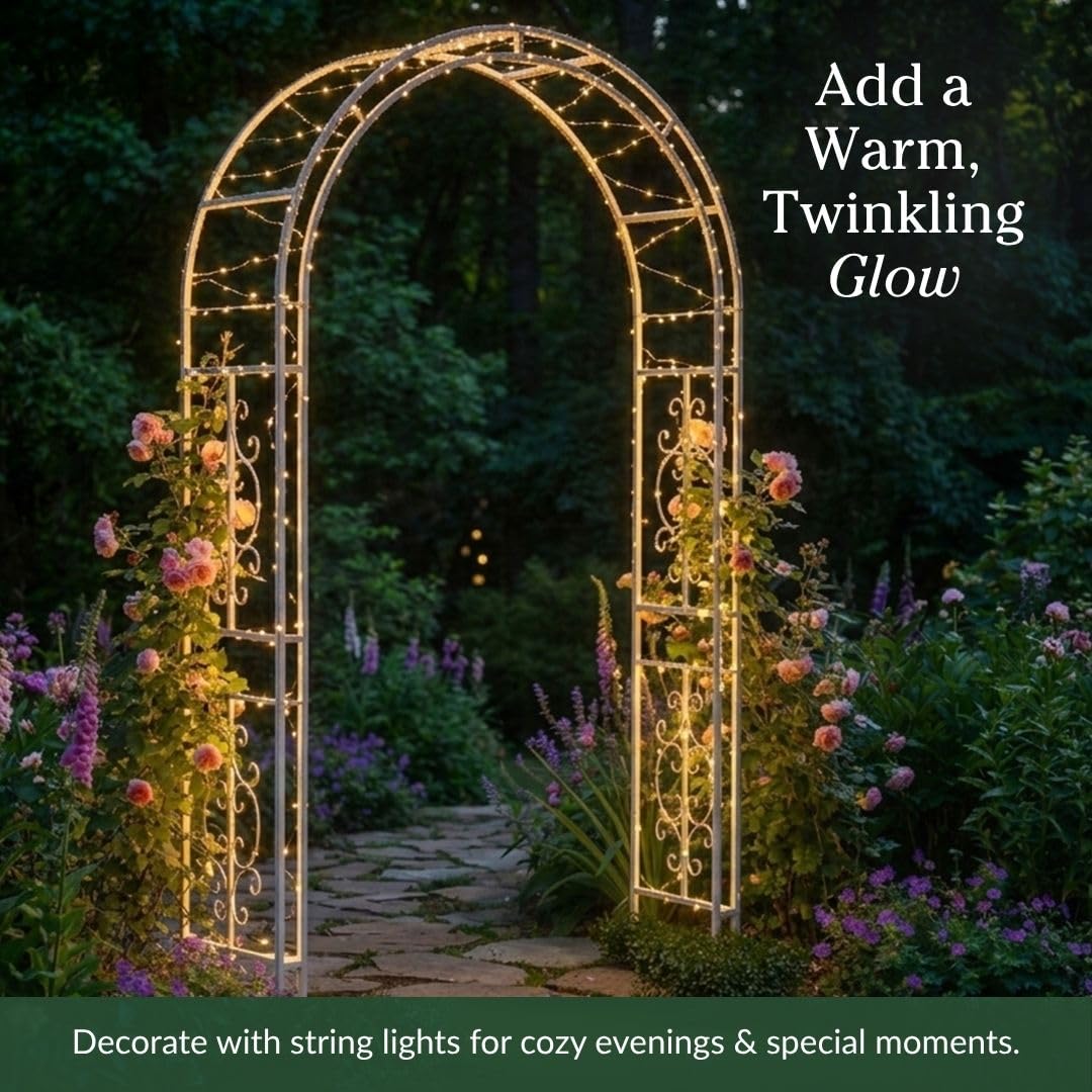 Plow & Hearth Arch Metal Outdoor Garden Arbor Montebello White, 7 Feet Tall, Iron Trellis Lattice for Climbing Plants, Wedding Arch, Outdoor Patio Décor