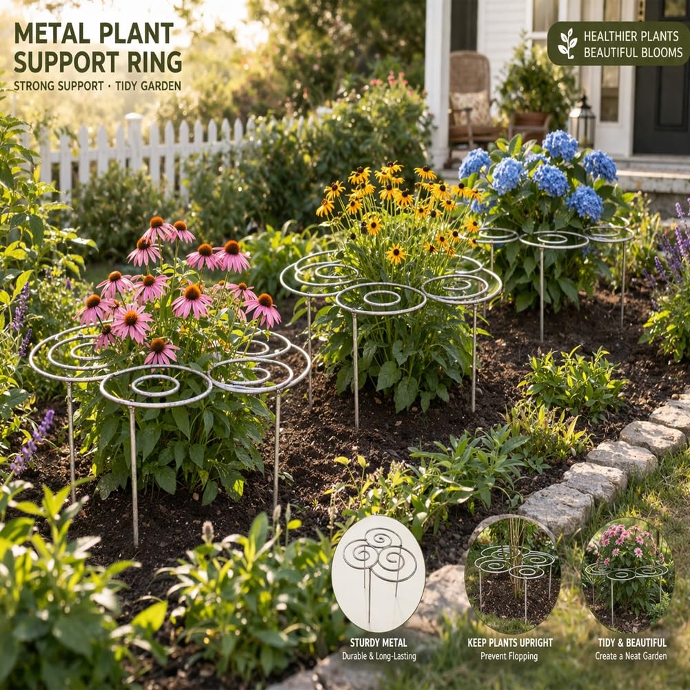 Metal Plant Support Ring for Garden, Peony Cage Stand, Indoor Pots, Flower Hoop, Decorative Grow Through Rings, Stackable Houseplant Stake, Dahlia Cage, Outdoor Orchid Clip(2PCS,Medium)