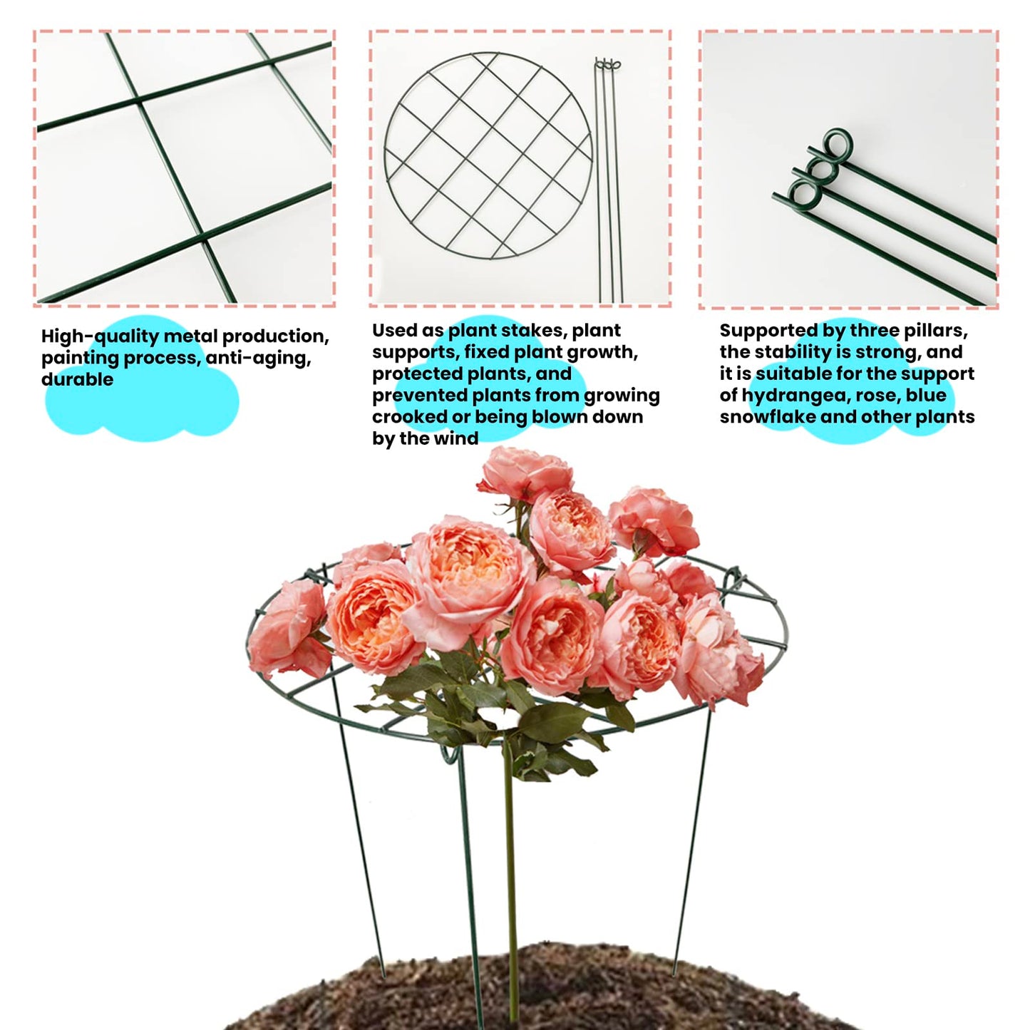 2 Pcs Flower Support Rings, Peony cage Plant Support Stake,Grow Through Grid Plant Brace, Hoops with 3 Pcs Legs for Heavy Blossoms (2 pcs 18'')