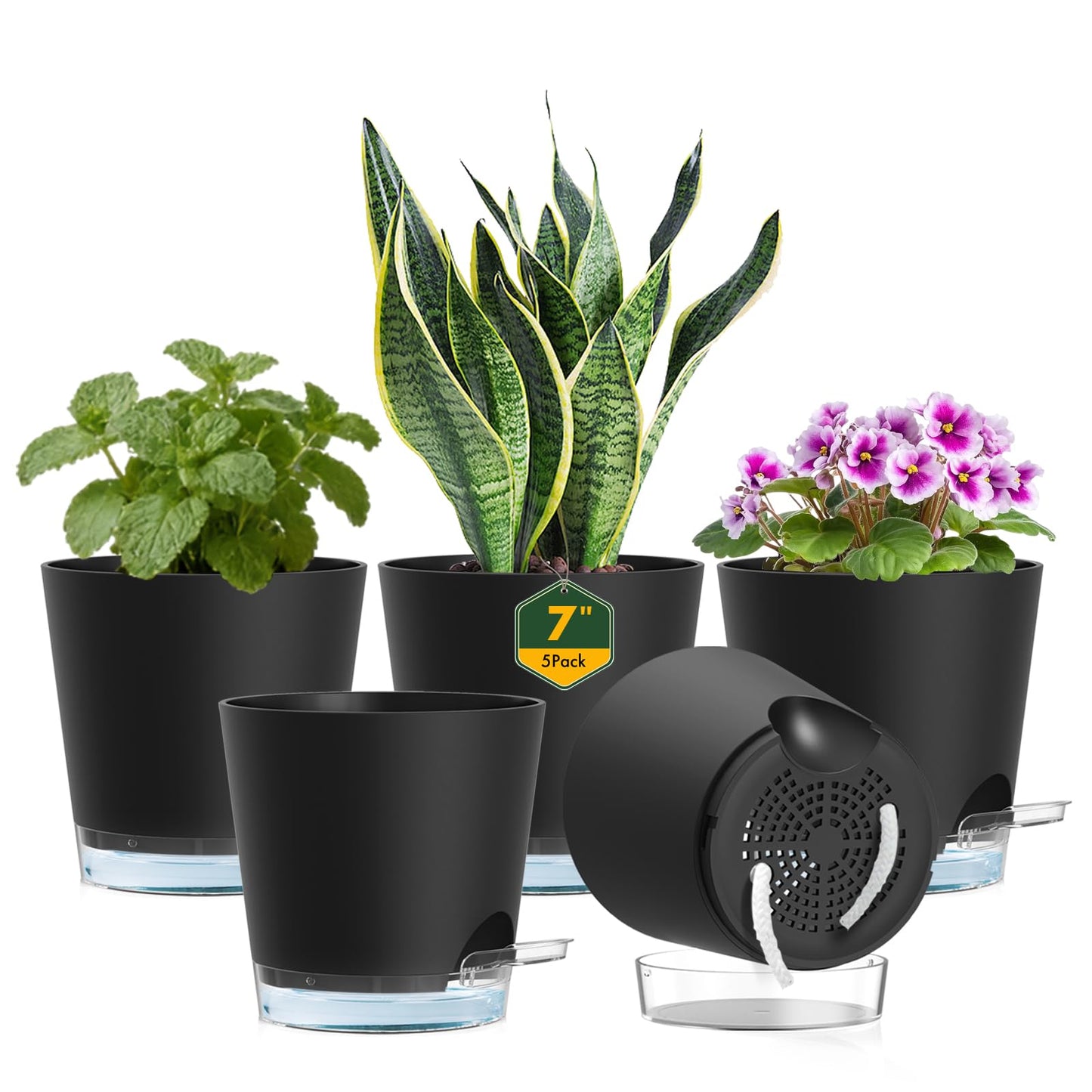 Meowell 7 inch Self Watering Pots for Indoor Plants, 5 Pack Plant Pots with Drainage Holes & Clear Reservoir for Visible Water Level, Plastic Wicking Planter Pots for House Plants and Flower, Black