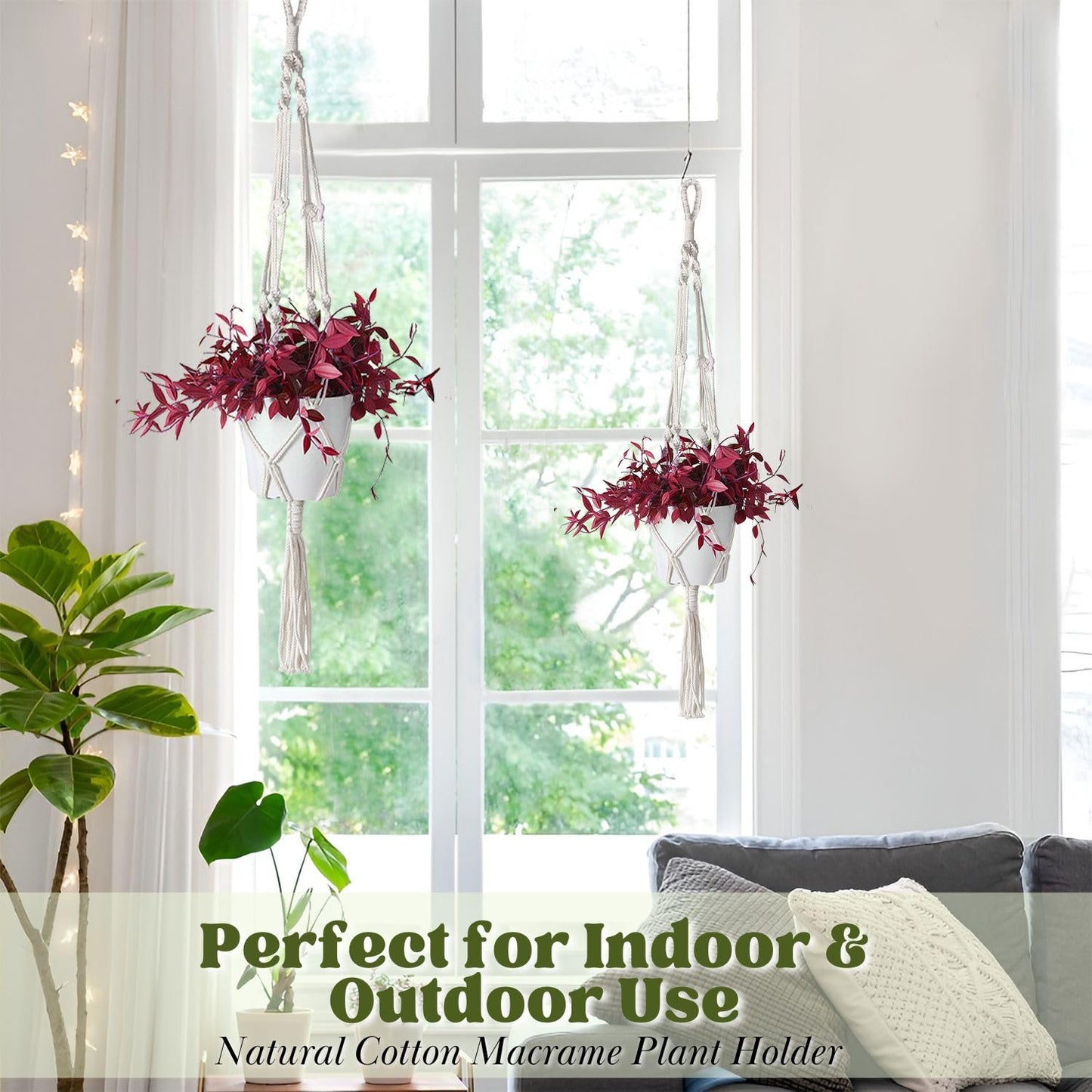 Flexzion 2 Pack White Macrame Plant Hanger - 41 Inch Macrame Hanging Planter with C & S Hooks - Indoor Hanging Plant Holder with Woven Cotton Rope for Home Decor (Plant Pot Not Included)