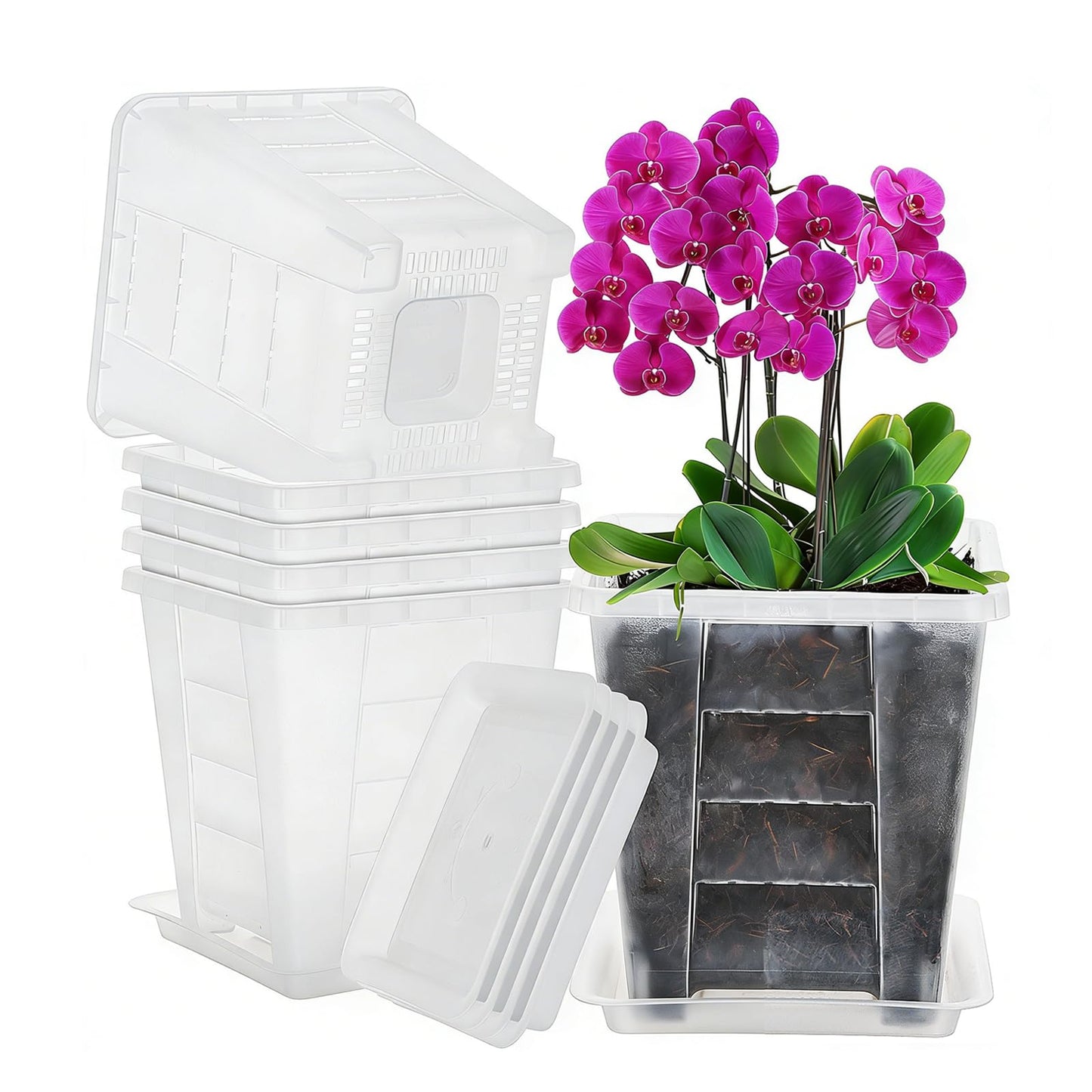KIMERSE Square Orchid Pot, Clear Flower Pot 6 Pack 4 Inch, Root Control Planting Pots with Tray, Plastic Plant Pot for Home Balcony Orchids, Water Moss, Spider Plants