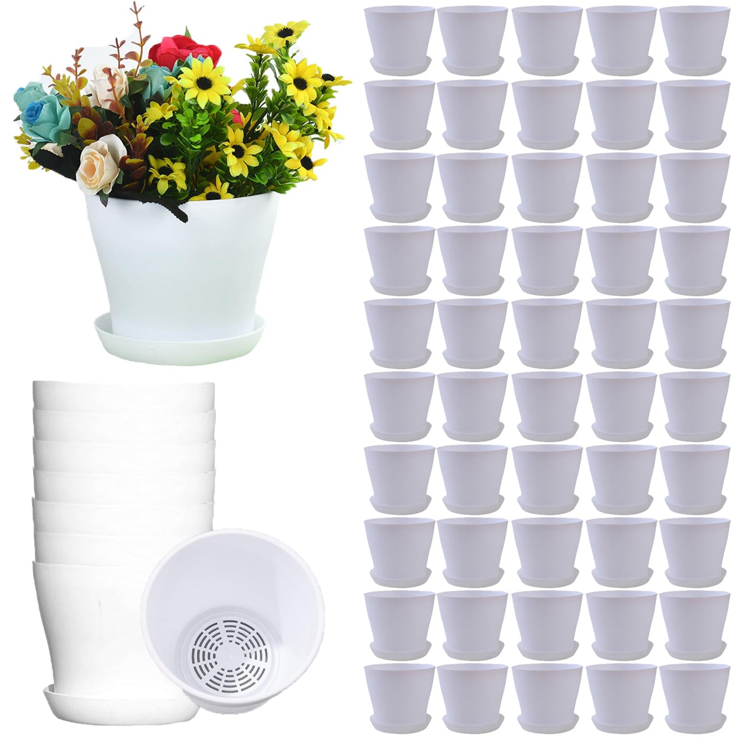 Tergy 50 Pack 4 Inch Plant Pots Bulk Small Plastic Planters Pots with Drainage Holes Flower Pot for Succulent, Cactus, Herb, African Violet (50pcs-White, 4Inches)