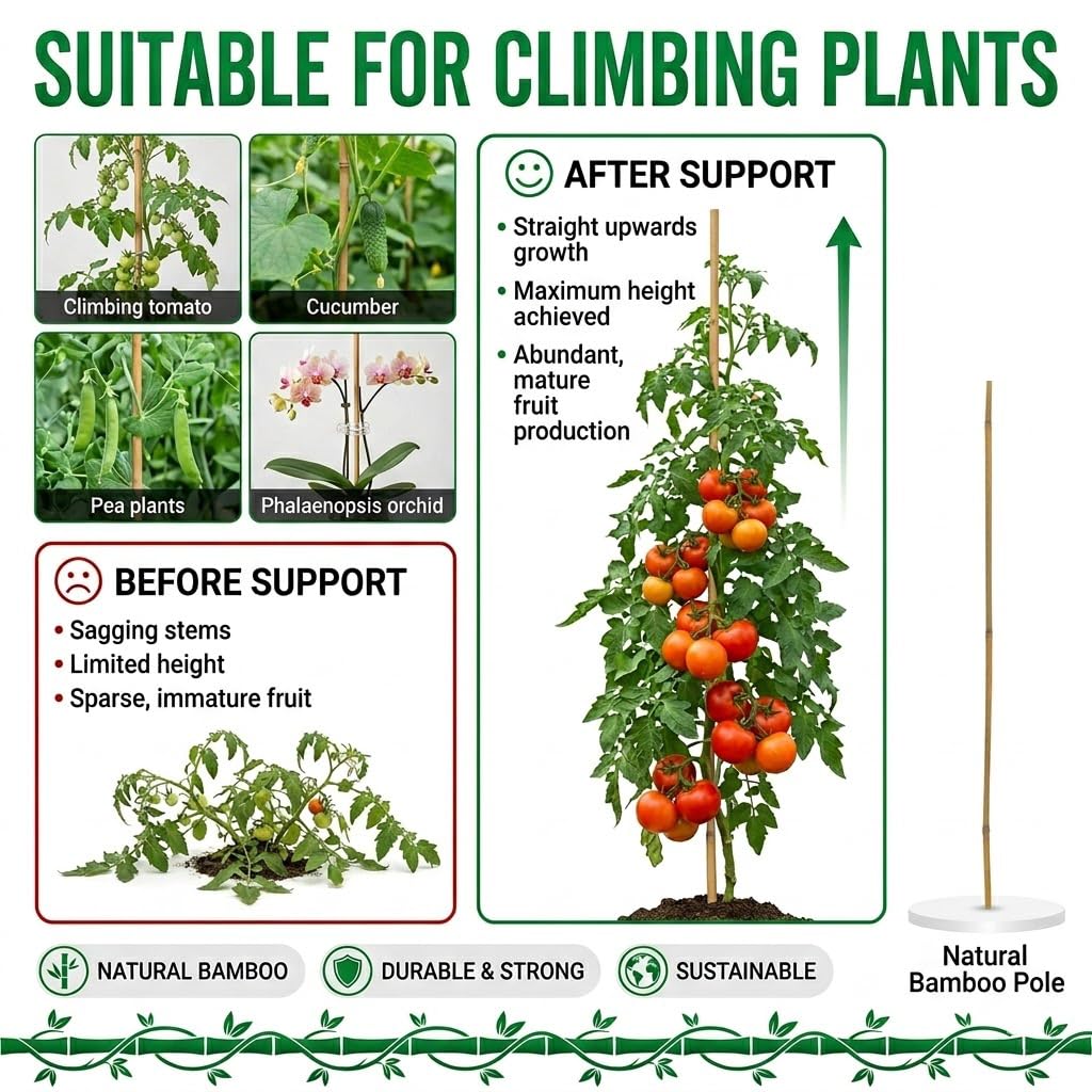 Plant Stakes Natural Bamboo Sticks - 25 Pcs Bamboo Garden Stakes for Plants 18 Inches Plant Support Sticks with Twist Ties for Tomatoes Beans Orchid Flowers Indoor Outdoor Potted Climbing Plants