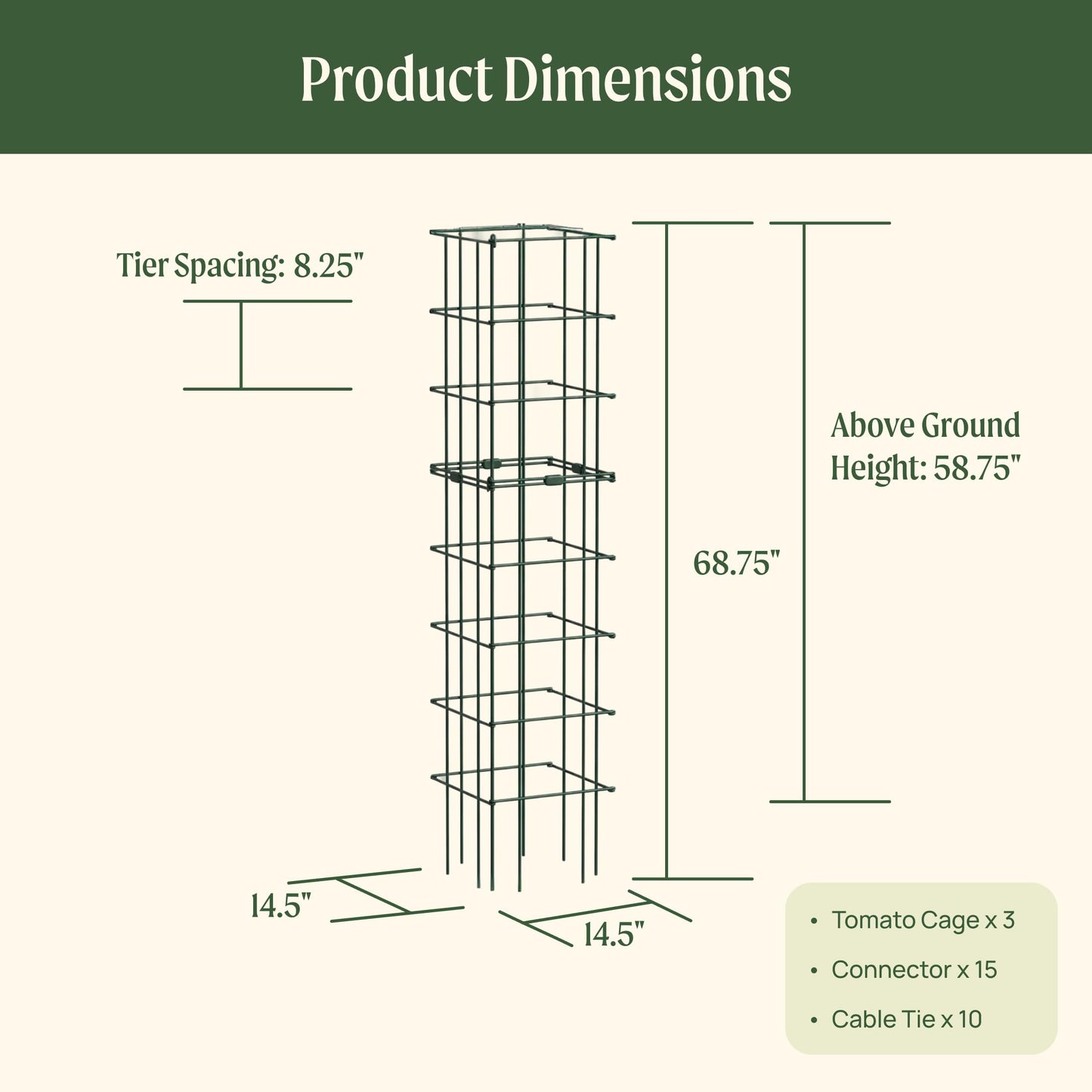 Vego Garden 3 Pack Tomato Cage 14.5"x 58" Square for Garden & Pots, Rust-Resistant Tomato Stackable Heavy Gauge Plant Cage Trellis Support for Climbing Vegetables Plants