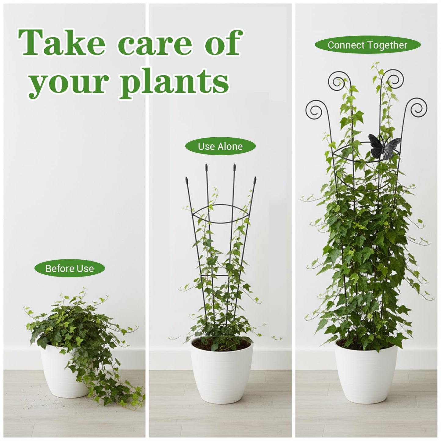 4 Pack 30 Inch Taller Plant Trellis for Potted Climbing Plants Indoor, Black Metal Garden Trellis with Butterfly & Bird Designs - Sturdy Expandable Plant Support for Ivy, Pothos, Monstera