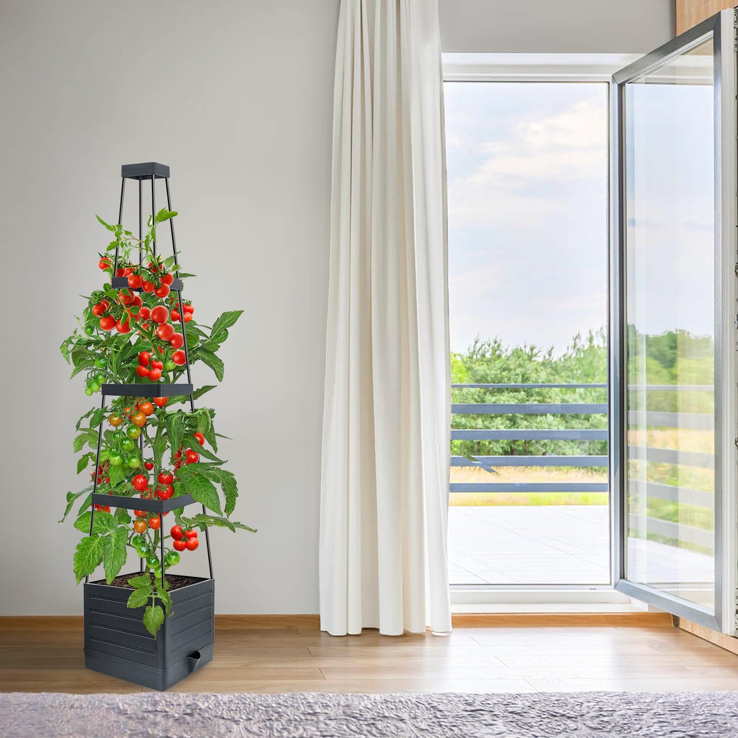 MYMULIKE Raised Garden Bed Tomato Planter with Trellis, 58" Tomato Cage for Climbing Vegetables Plant, Self Watering Pots for Indoor Plants Garden Pots Patio Greenhouse Indoor Outdoor
