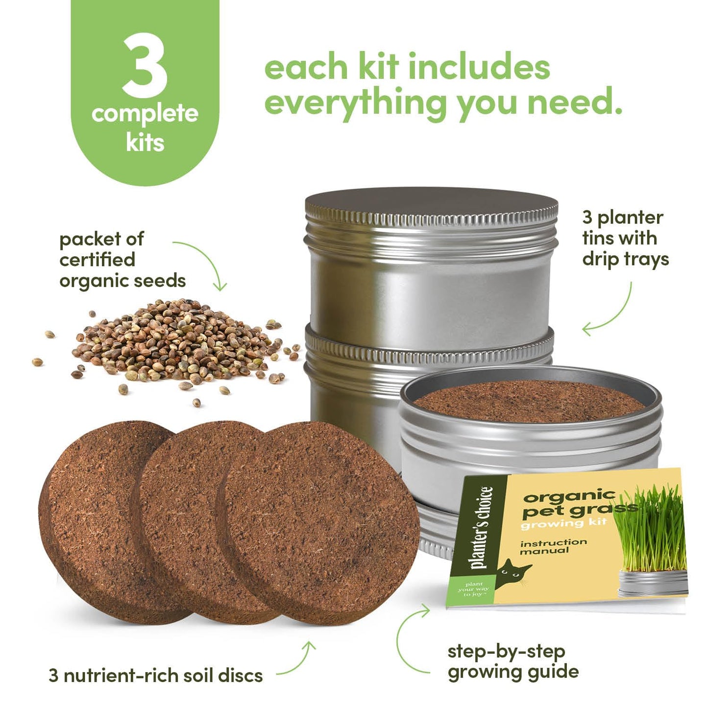 Cat Grass for Indoor Cats Kit - 3 Complete Growing Organic Planter Kits - Grow Your Own Cat Grass - Organic Plant Seeds - Pet Health Supplies Stuff - Gift for Pet Lover