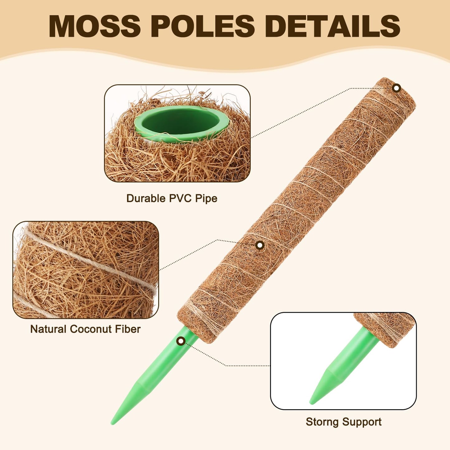 6 Pack Moss Pole for Plants Monstera,Stackable Moss Pole for Plants,Coir Totem Pole Tall for Climbing Plant,Sphagnum,Indoor Potted Plant with Garden Ties and Stem Support (3x17in + 3x12in)