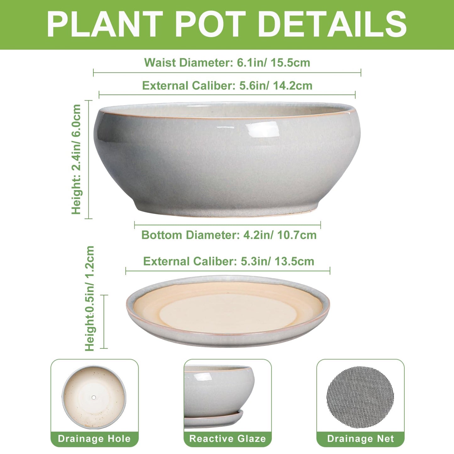 SQOWL Succulent Planters 6 Inch - Ceramic Bonsai Pots with Drainage Hole and Saucer, Shallow Planter for Indoor Plants Outdoor, Round Ceramic Pots for Plants Cactus, Room Decor, Garden Gifts, Gray