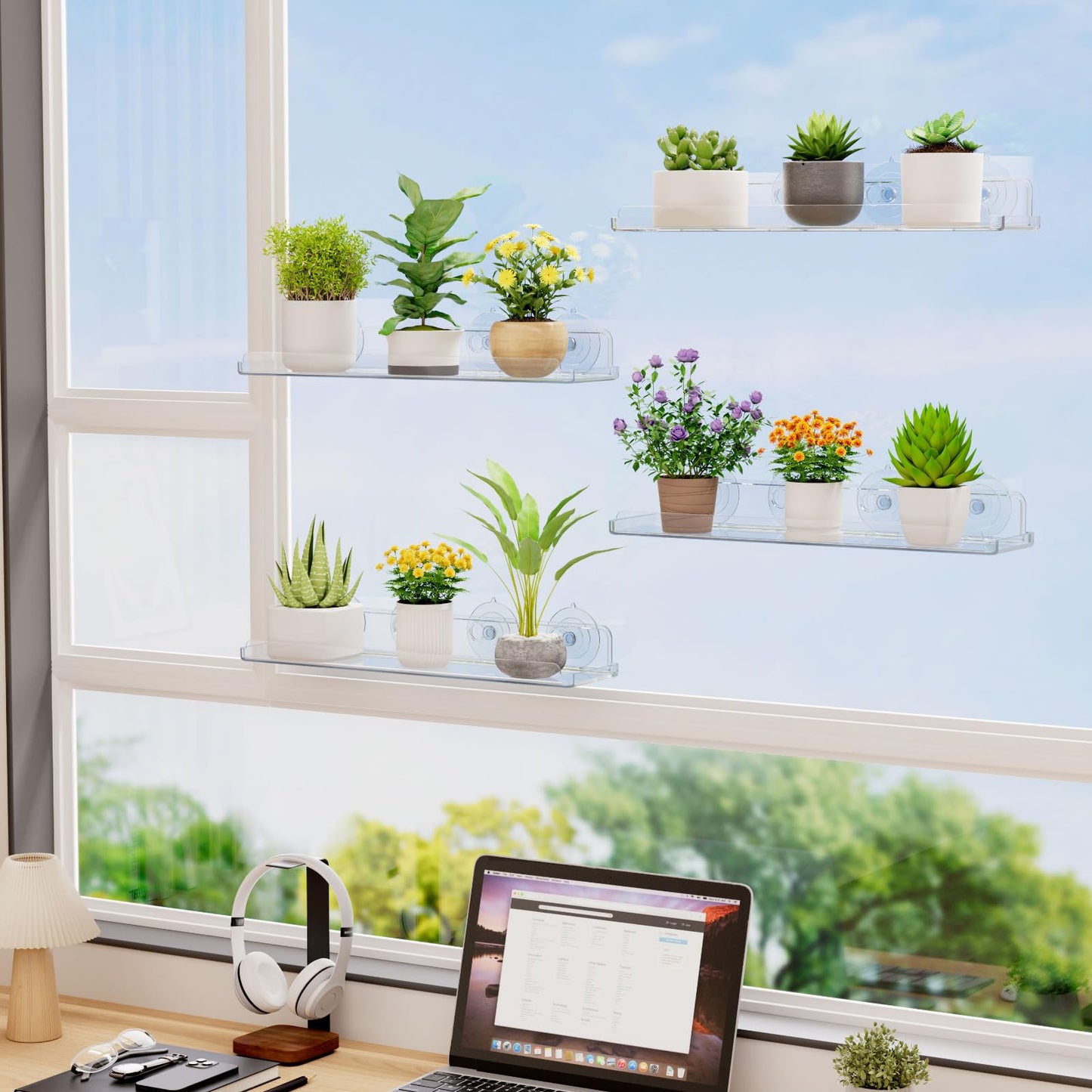 Lifewit Window Plant Floating Shelves 14.6x3.6, 3 Pack Acrylic Suction Cup Shelf, Window Sill Extender for Indoor Succulent Plants, Micro Greens, Seed Starter Pots, Herb Planters 37 x 9 cm/14.6x3.6