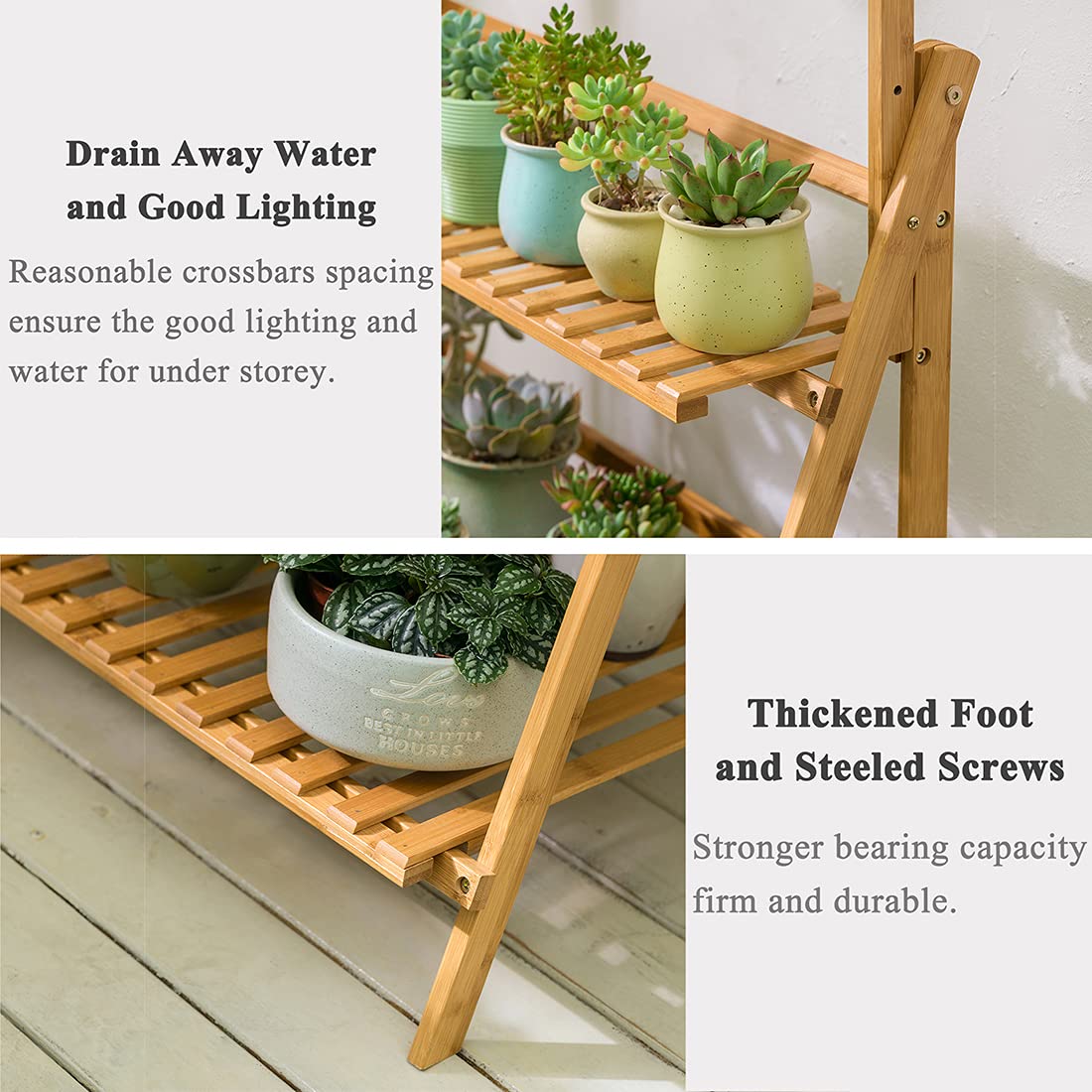COPREE Bamboo 3-Tier Hanging Plant Stand Planter Shelves Flower Pot Organizer Rack Folding Display Shelving Plants Shelf Unit Holder