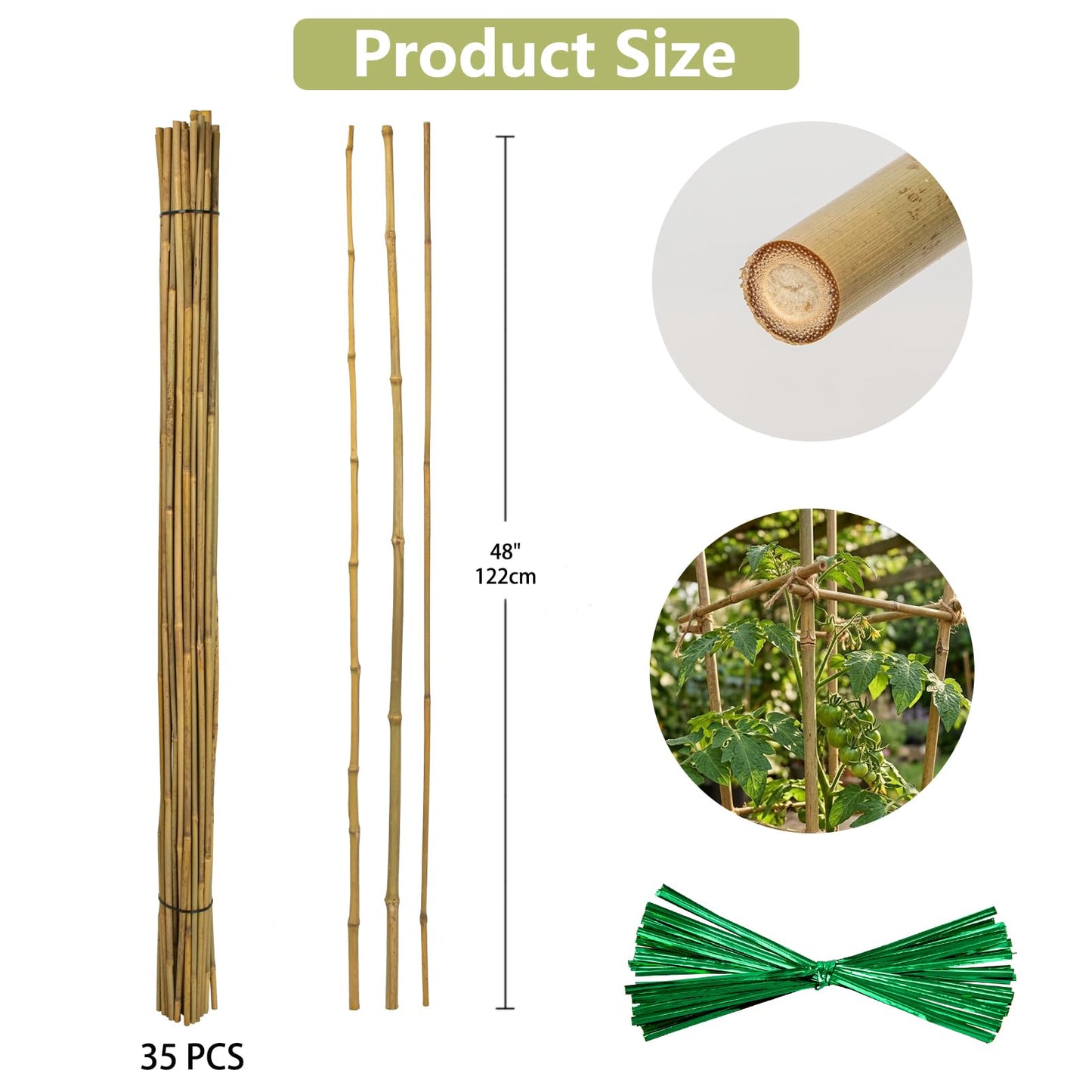 Plant Stakes Natural Bamboo Sticks - 35 Pcs Bamboo Garden Stakes for Plants 4 FT Plant Support Sticks with Twist Ties for Tomatoes Beans Flowers Indoor Outdoor Potted Climbing Plants