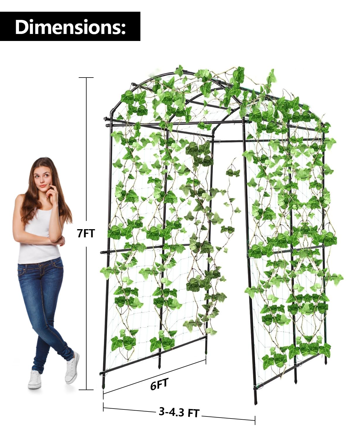 FAHKNS Garden Arch Trellis 7FT Extra Tall, Garden Trellis for Climbing Plants Outdoor, Polyethylene-Coated Stainless Steel Cucumber Trellis with Clips Trellis Netting