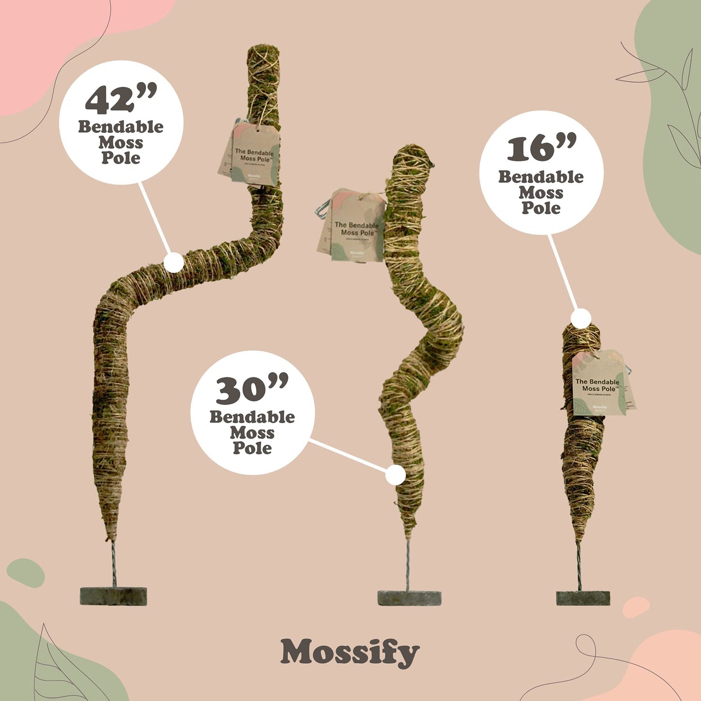 Mossify Bendable Moss Pole 42'' Monstera Plant Support for Climbing Indoor Plants - 100% Sustainably Farmed Moss Pole for Plants Indoor Growth - Flexible Handmade Sphagnum Plant Poles Support