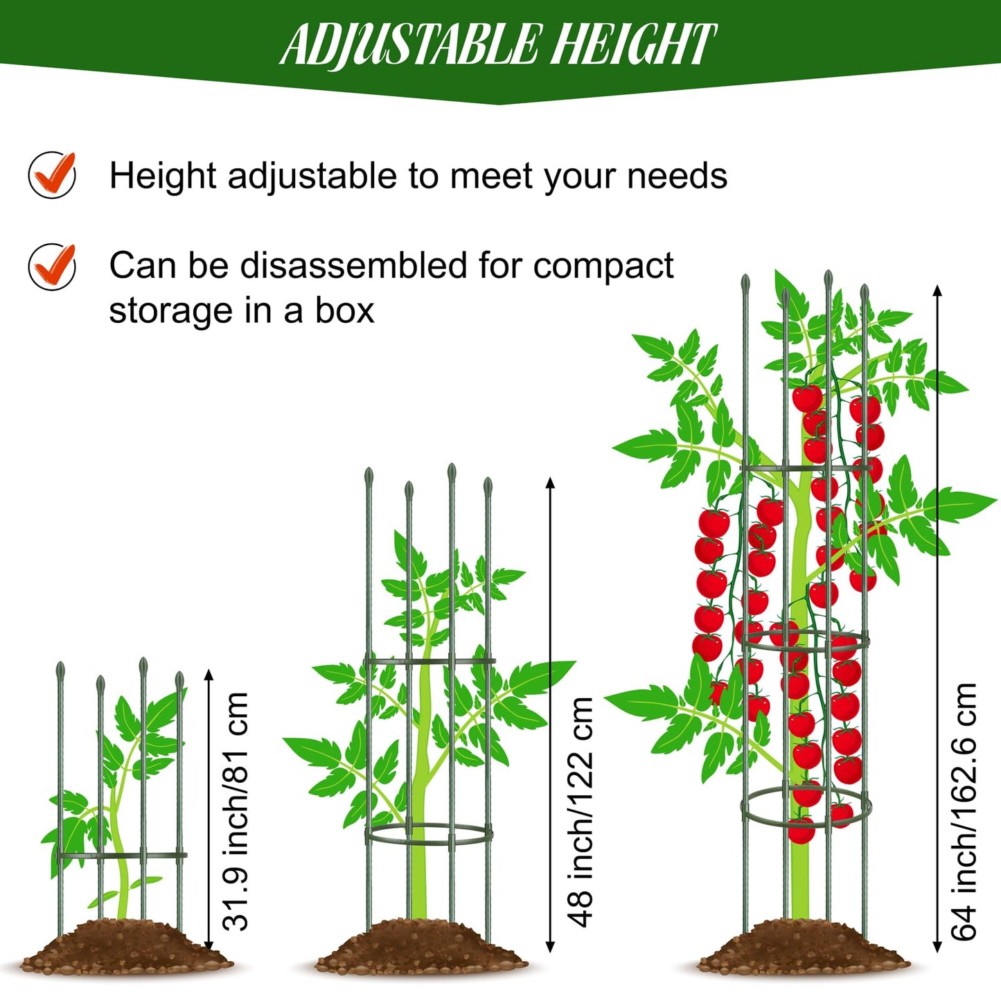 Hahood 6 Pack Tomato Cages for Garden Plant Support 64 Inches Tall Garden Trellis Plant Stakes for Indoor Outdoor Plants Climbing Plants Vegetable Fruit Crop Flower Vine, Green