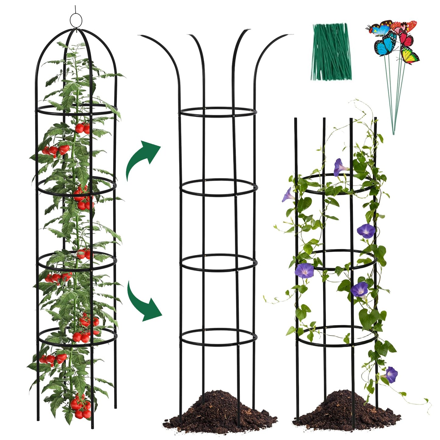 100% Metal Garden Obelisk Trellis for Climbing Plants Outdoor, 6.6ft Tall Metal Plant Support with Garden Twist Tie for Tomato Cucumber Pea Ivy Vines Rose Clematis Potted Plant Trellis 1 Pack